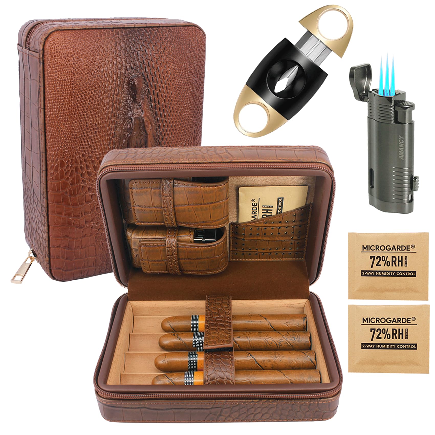 Deluxe Cigar Humidor with All-in-one Cigar Accessories Leather Portable Cigar Case with Elegant Vintage Brown Crocodile Pattern Comes