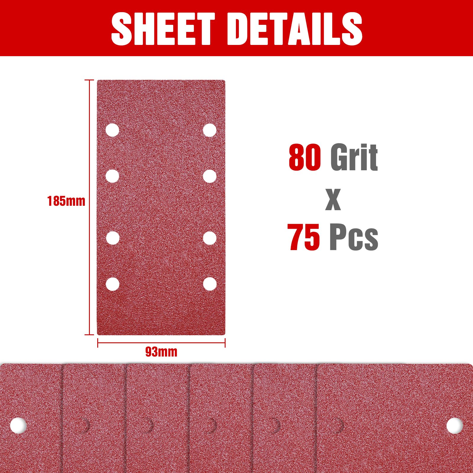 75PCS 93x185 mm Sanding Sheet P80 Sandpaper 8 Holes for 1/3 Sheet Finishing Sander, Red - Image 2