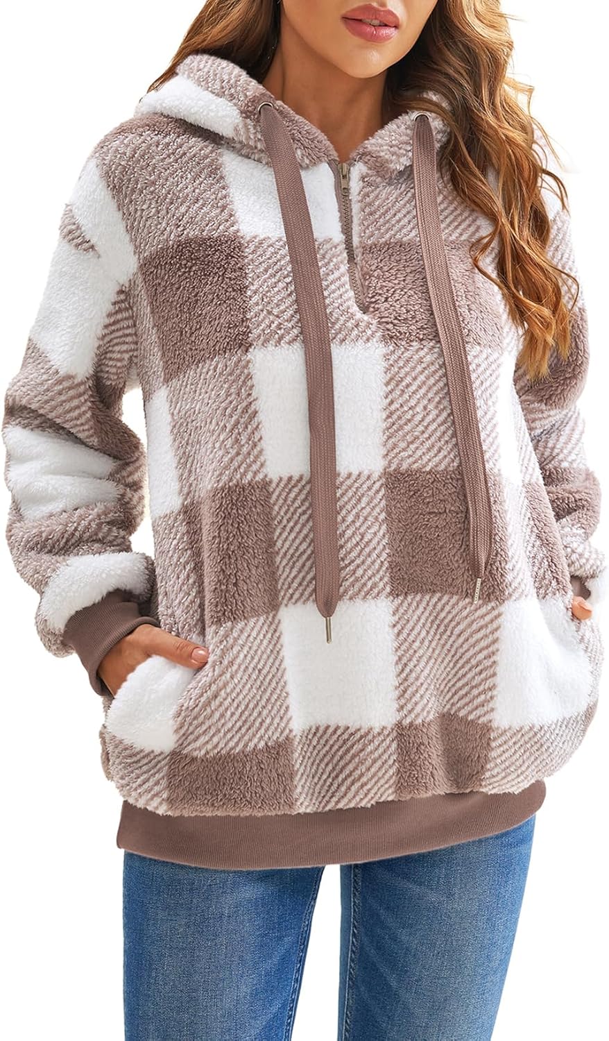 Nirovien Womens Sherpa Pullover Oversized Fuzzy Hoodie Double Fleece Sweatshirts Fluffy Plaid Outerwear Warm Coats - Image 2