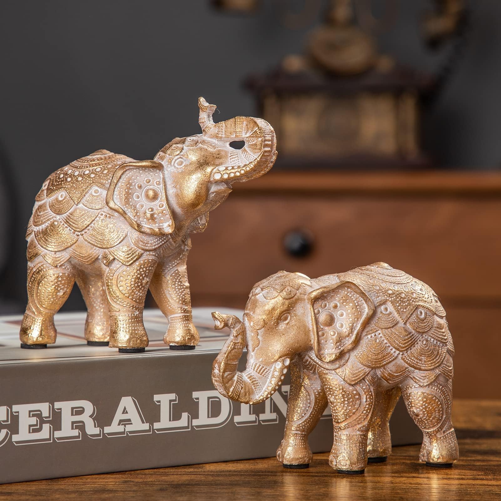 Elephant Statue for Home Decorations, Elephant Figurines with Trunk Up, Room Decor for Shelf Table Living Room Nightstand, African Elephants Gifts for Women Small Set of 2 Gold Color Accents