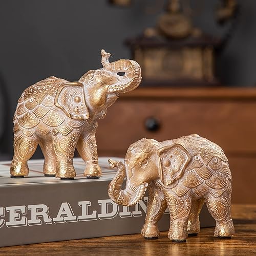 Elephant Statue for Home Decorations, Elephant Figurines with Trunk Up, Room Decor for Shelf Table Living Room Nightstand, African Elephants Gifts for Women Small Set of 2 Gold Color Accents