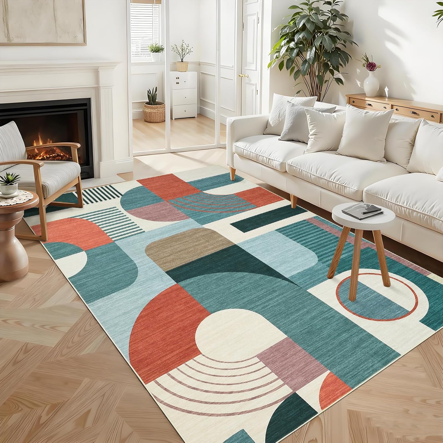 Area Rugs for Living Room, Boho Geometric Washable Rug for Bedroom Entryway Soft Low Pile Non-Slip Indoor Rugs for Dining Room Dorm Playroom, Blue Multi, 5'x7'