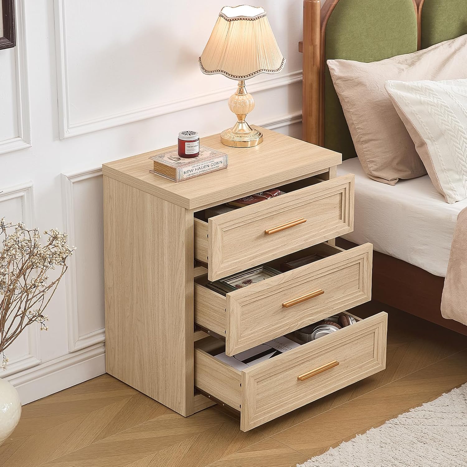 RWYHG Night Stand with 3 Drawer 26" Fluted Wooden Tall Nightstand Metal Handle for Bedroom Living Room Bedside Table Modern Style Furniture Natural