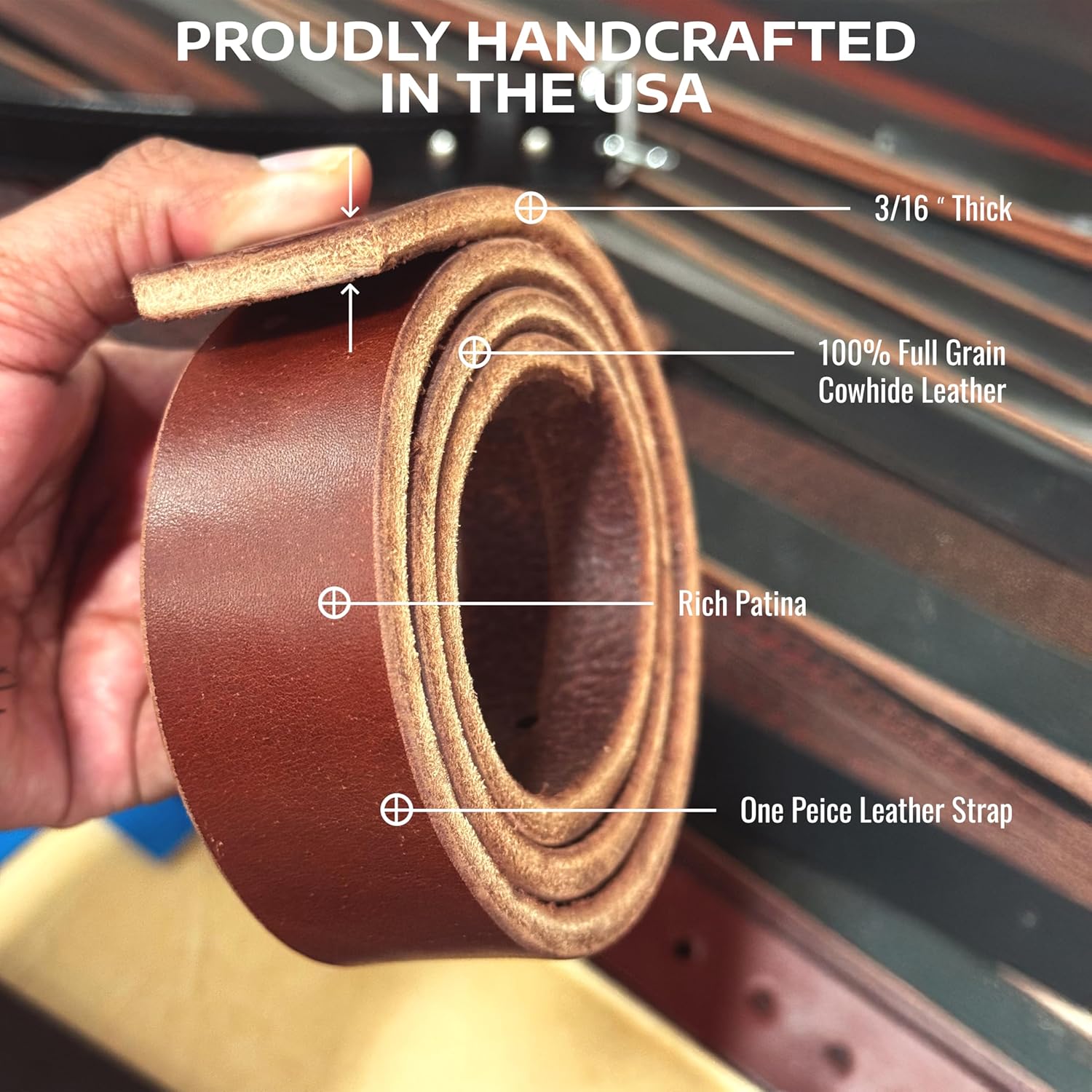 USA Made 1.5" Full Grain Leather Belts for Men, 12oz Veg-Tanned Cowhide, Stainless Steel Roller Buckle, Black & Brown