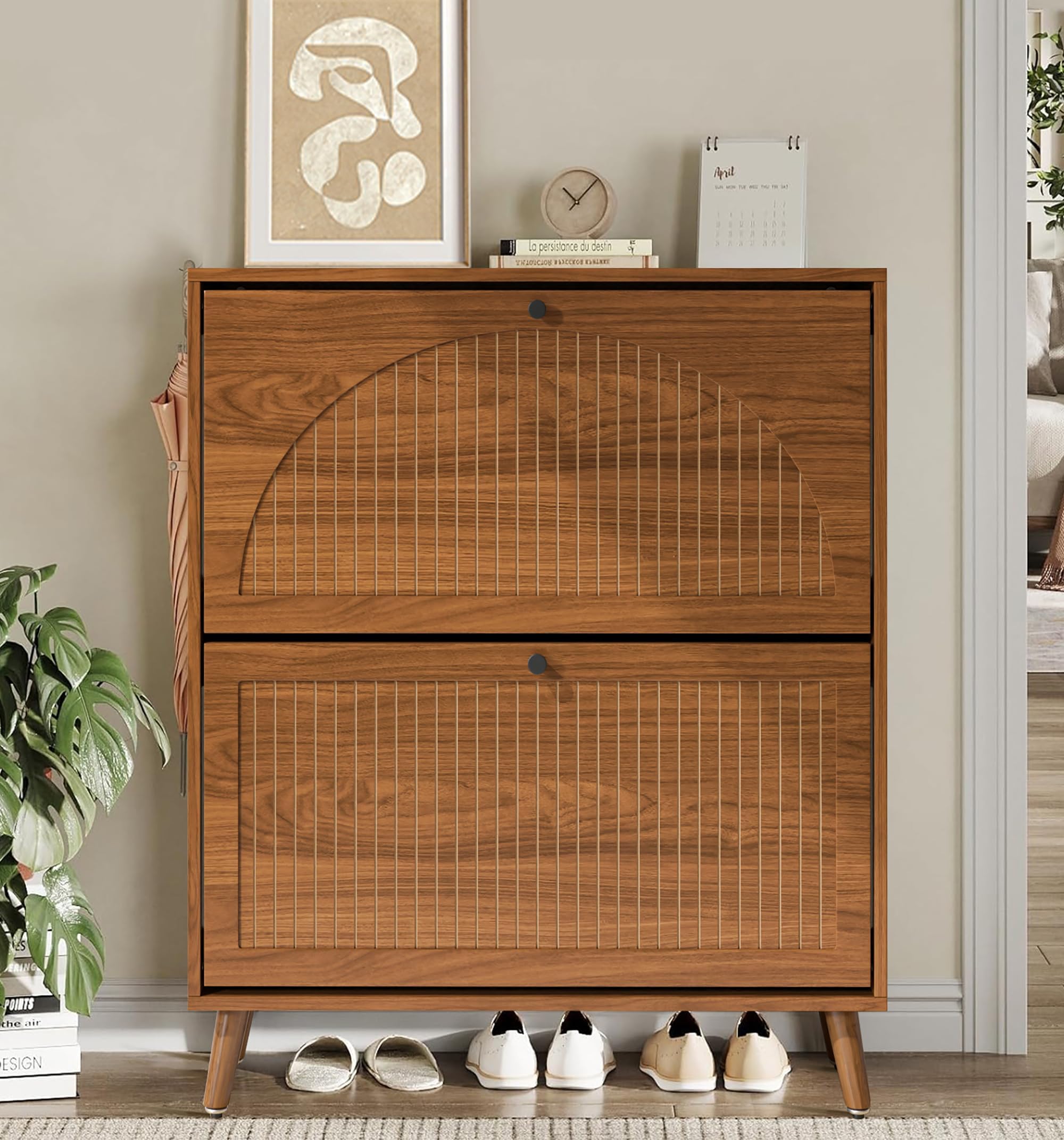 Fsbecl Shoe Storage Cabinet for Entryway with 2 Fluted Flip Drawers, Walnut | Narrow Design, Freestanding Shoe Rack with Adjustment Shelves, Wooden Hidden Organizer for Hallway Foyer, 12-16 Pairs