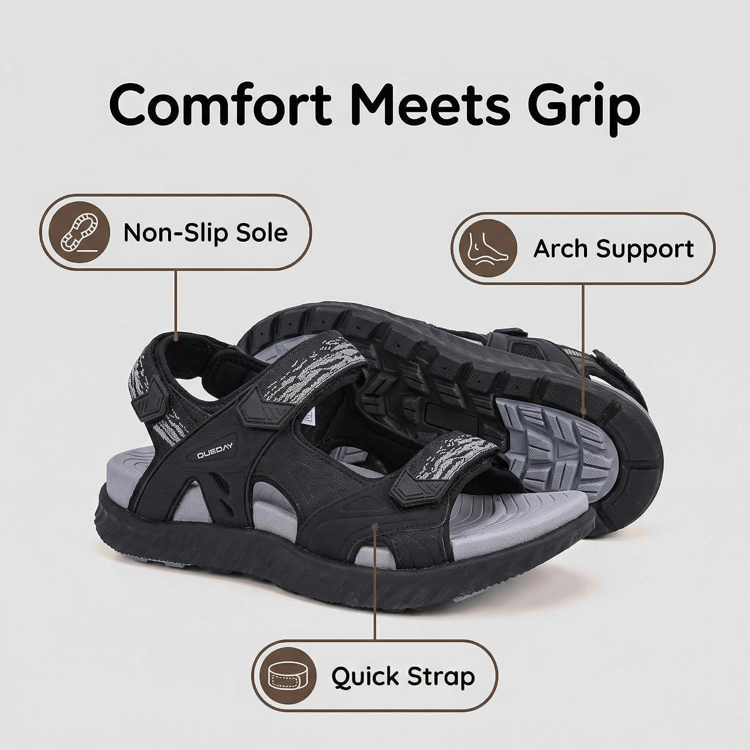 Queday Mens Hiking Sandals with Orthopedic Arch Support for Plantar Fasciitis Open Toe Comfortable Outdoor Walking Recovery Sandals Camping Beach Size 7-12