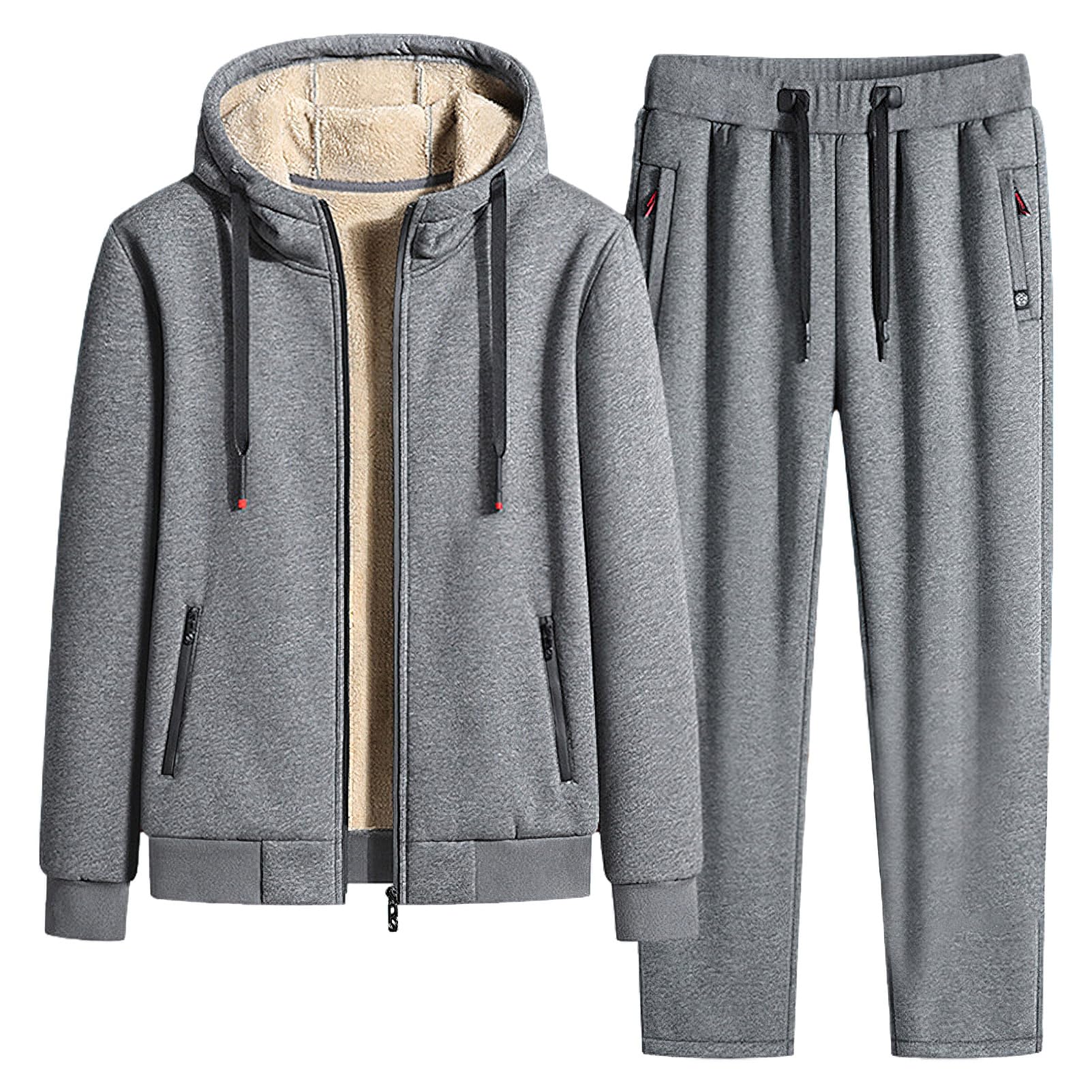 Hombre Invierno Conjunto de Chándal de Algodón con Forro Polar Chaqueta con Capucha y Pantalones Deportivos con Bolsillos con Cremallera