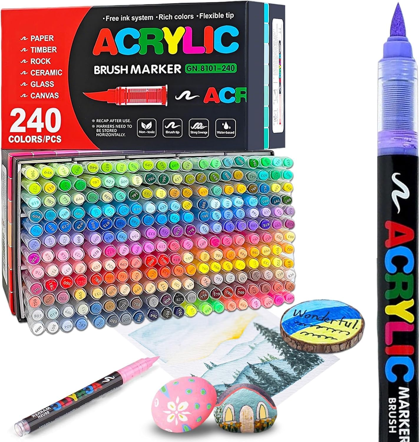 240 Colors Acrylic Paint Pens - Soft Brush Tip Acrylic Markers, Quick-Drying Waterproof Acrylic Paint Markers for Canvas, Wood, Metal, Ceramic, Stone, Egg, Rock Painting and DIY Art Crafting