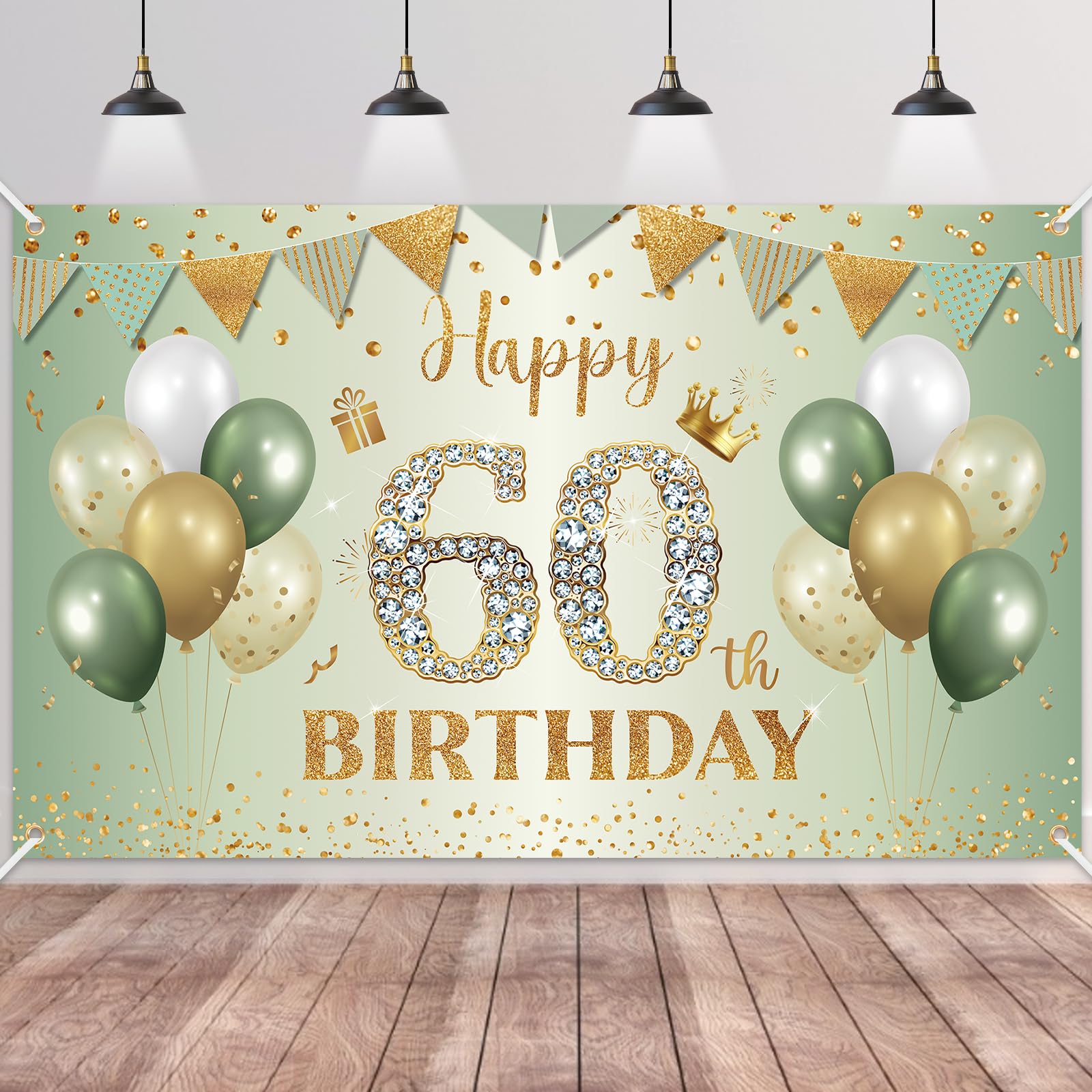 Happy 60th Birthday Banner Sage Green Gold,BTZO 60th Birthday Backdrop for Men Women,60th Birthday Decorations Fabric Photo Backdrop Background Signs