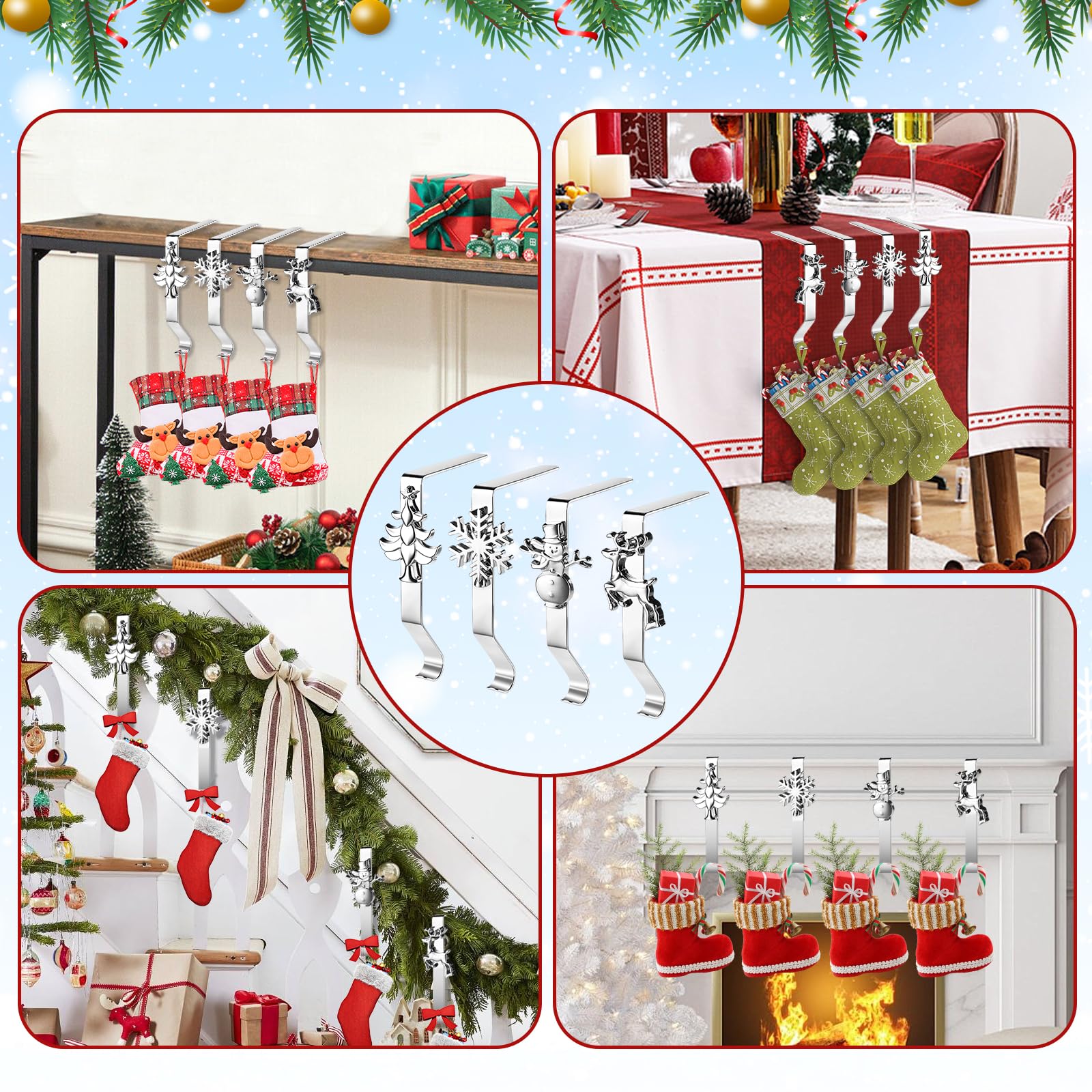 Set di 4 ganci per calza di Babbo Natale per caminetto