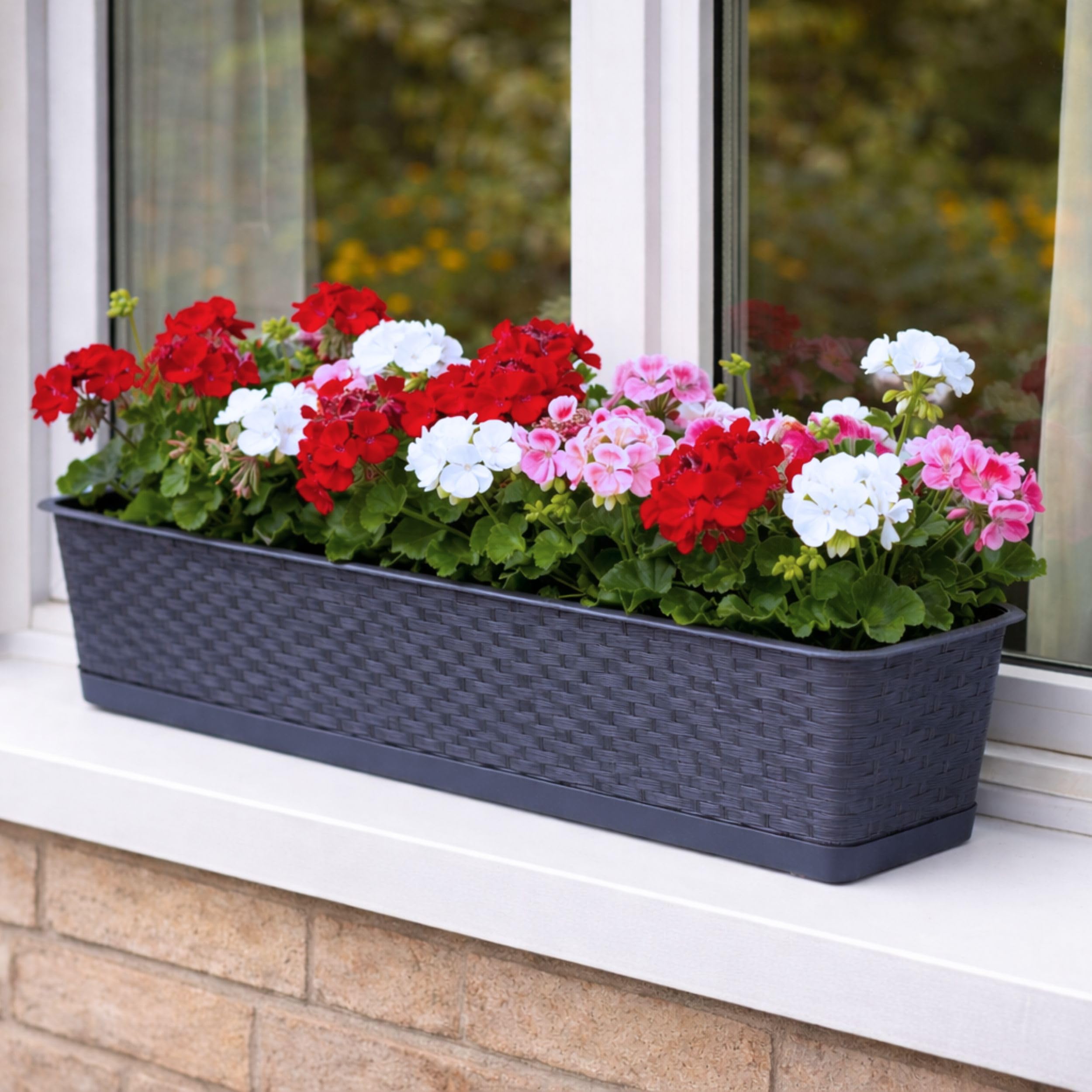 Blumenkasten Balkon 78x17x15 cm mit Untersetzer | Pflanzentopf in Rattanoptik, langlebig und wetterfest | Blumentöpfe für Fensterbank, Terrasse und Indoor | Pflanzkübel stilvoll gestaltet