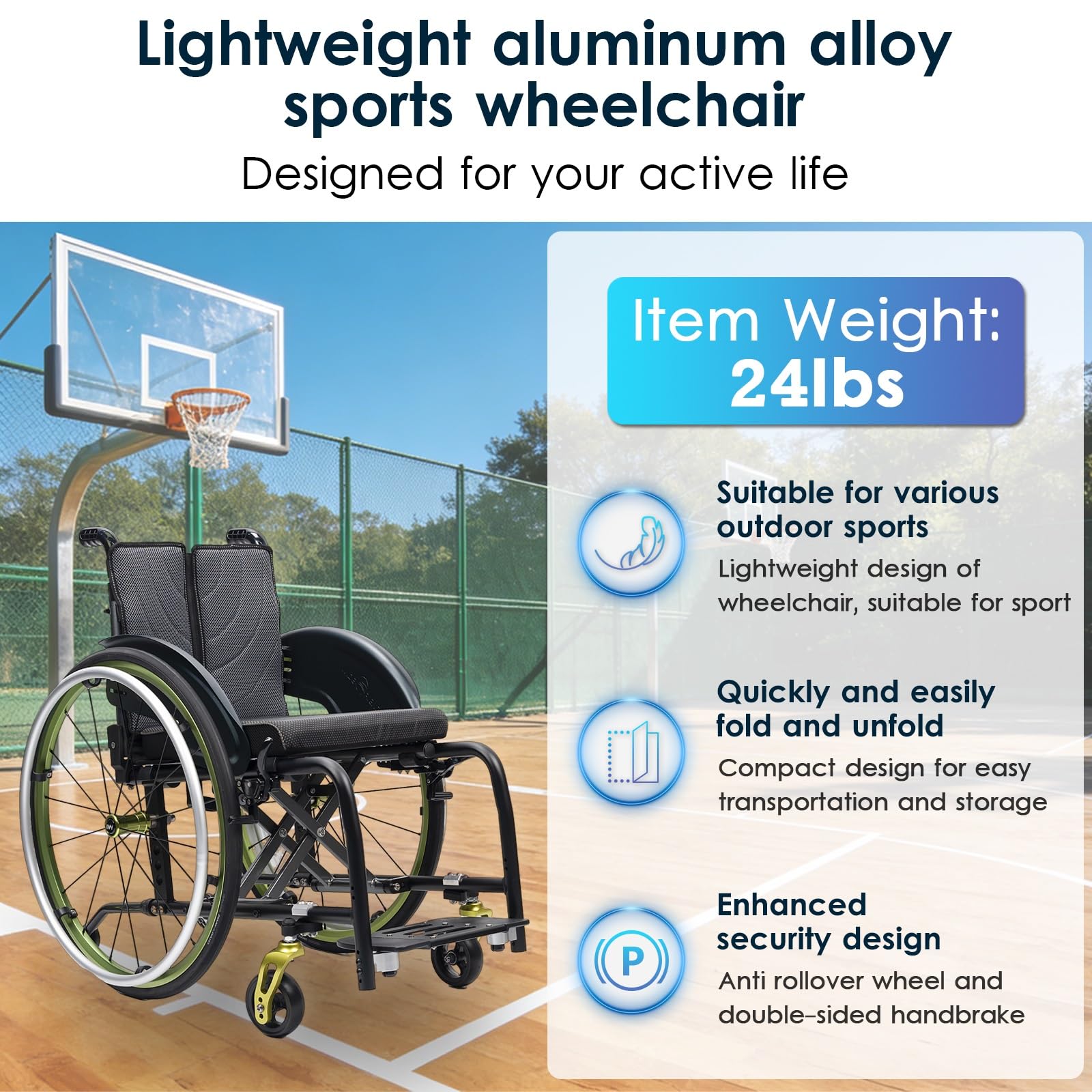 Silla de ruedas manual ligera, silla de ruedas deportiva ultraligera portátil todo terreno, silla de ruedas plegable, sillas de ruedas de transporte con antivuelco(A,40cm/15.7in)