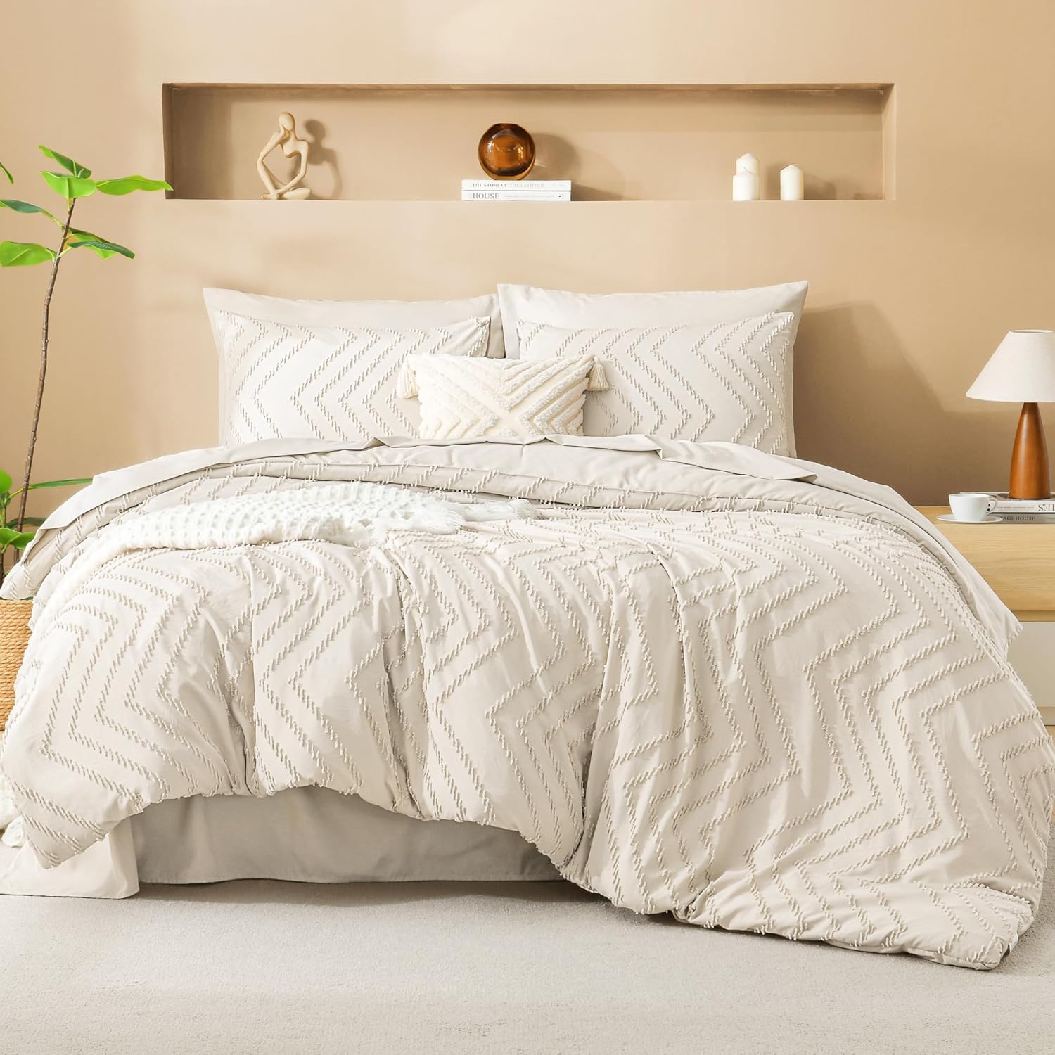 Litanika California King Comforter Set with Sheets Beige - 7 Pieces Bed in a Bag Cal King Cream Boho Tufted Complete Bedding Sets with Comforter, Sheets, Pillowcases & Shams California King (104"x96") Beige
