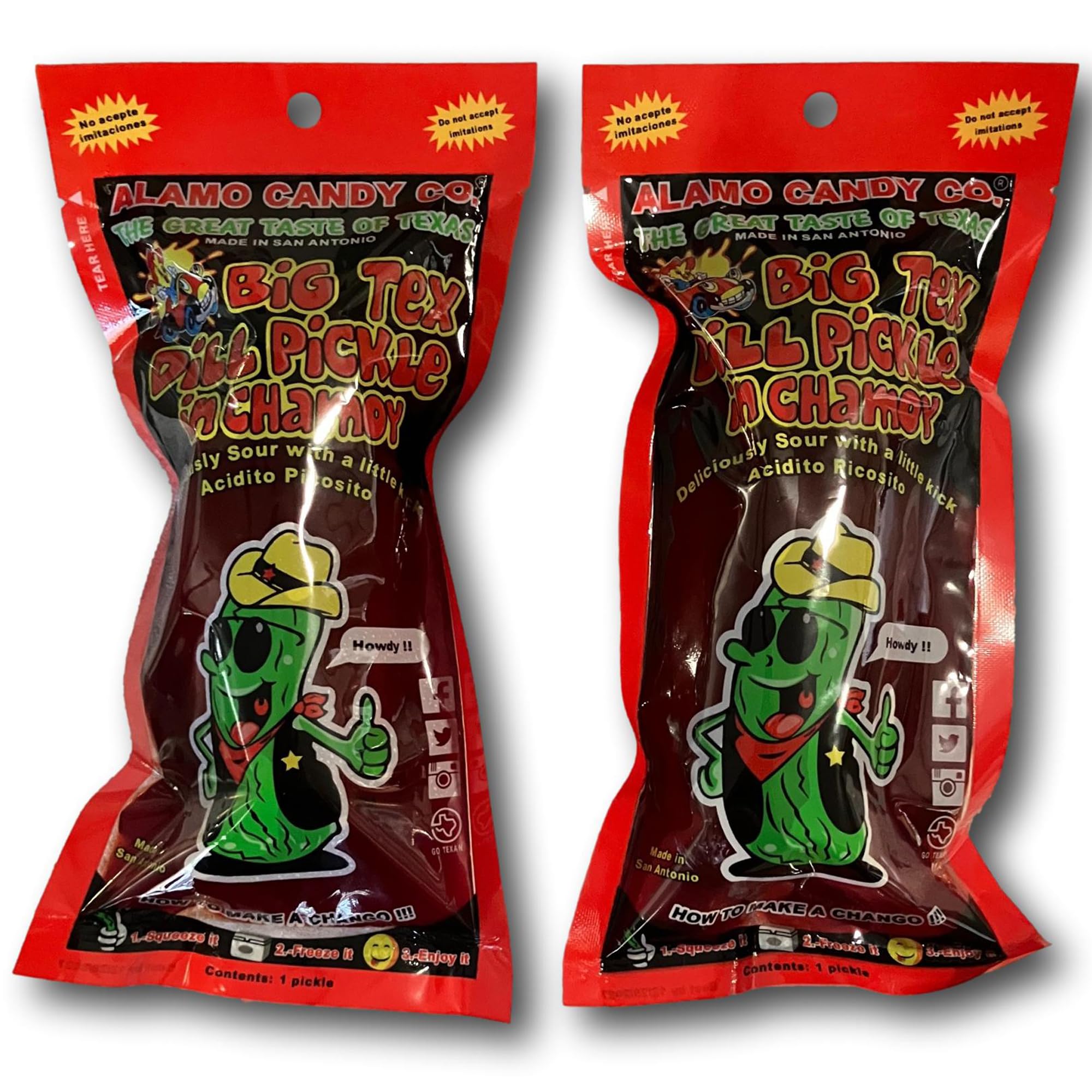 Pack of 2 Alamo Candy Big Tex Dill Pickle in Chamoy - Individually Wrapped - Made in San Antonio, Texas - Large Pickles
