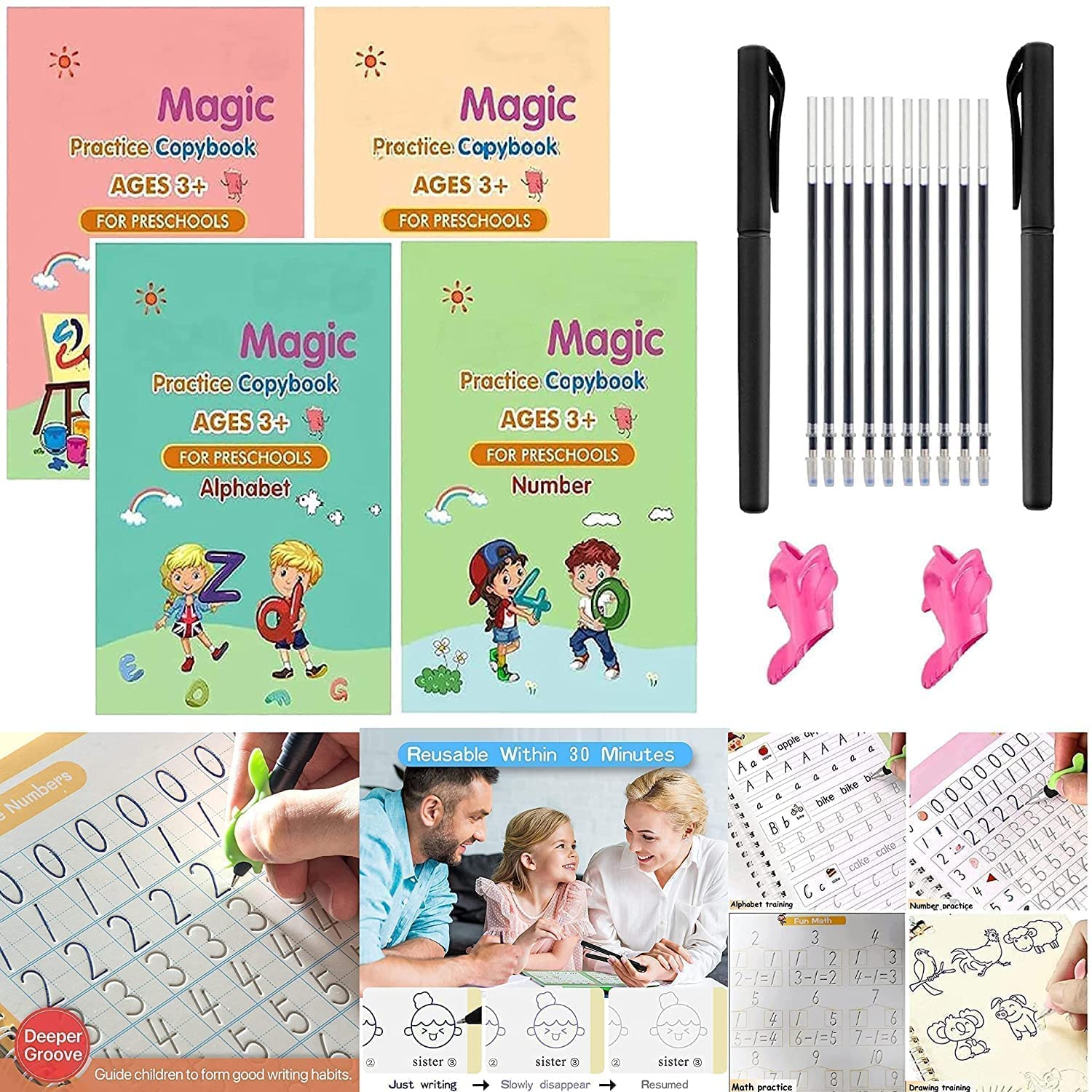 SAIELLIN Magic Caligraphy Books for kids Calligraphy books for beginners practice Hand writing practice books kids Magic Reusable Copy Writing Book for Kids for Preschoolers (4 BOOKS+1 pen+10 REFILL) (B09TT3JTBR) Amazon Price History, Amazon Price Tracker