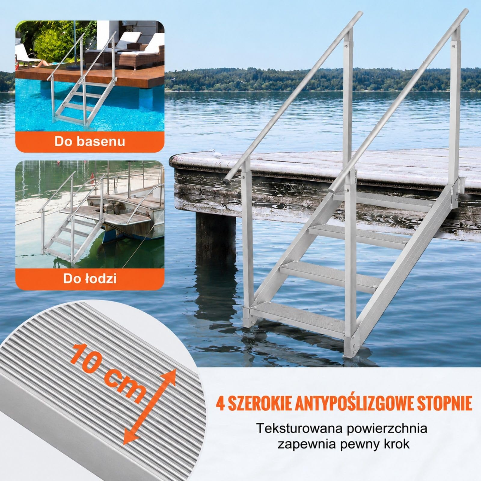 4-stopniowa drabinka do łodzi z dwiema poręczami, ze stopu aluminium, do łodzi, basenów i portów