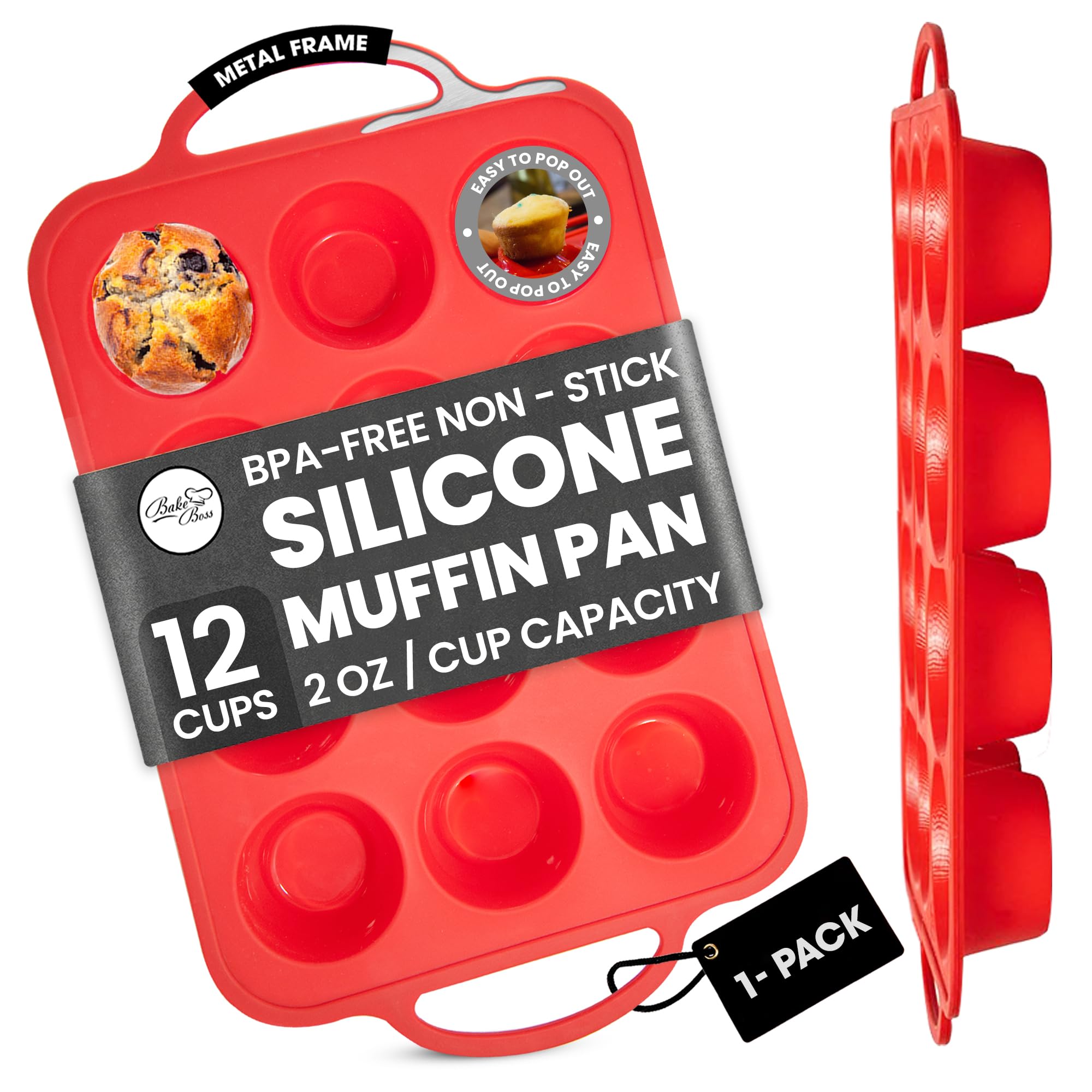 12-Cup Silicone Mini Muffin Pans for Baking with Metal Handles – Nonstick Silicone Cupcake Molds For Baking, Eggs & Cupcakes – BPA-Free, Dishwasher Safe, Red