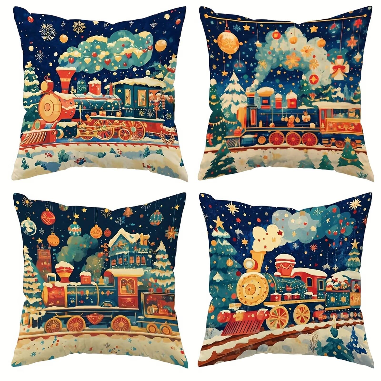 Funda de Cojines 45x45 cm, Juego de 4 Fundas Cojines Estampado Navidad Invierno, Doble Cara, Decorativa Funda Almohada Lino para Dormitorio, Oficina, Jardín y Sofá