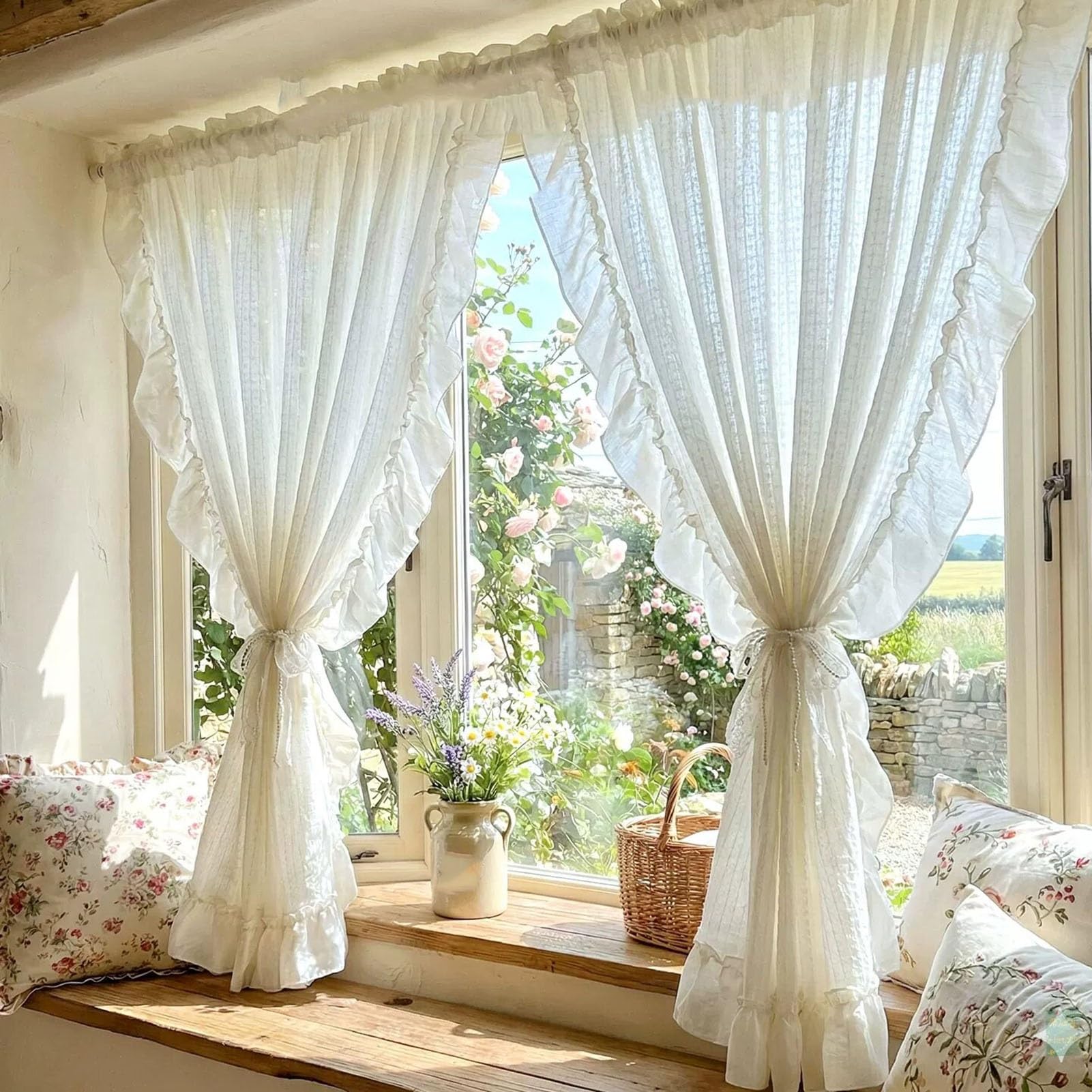 2 Pièces Rideaux Filtrant de Lumière Beiges Salon, Rideaux de Fenêtre Chambre Français Romantiques avec Poche de Tige Volants pour Décoration Maison(W150xH260cm/59x102inch)