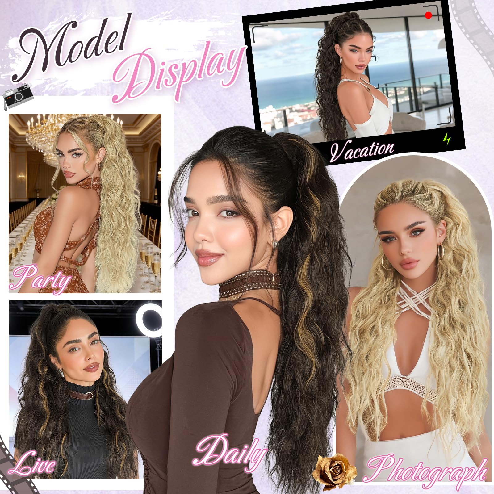RUWISS Ponytail Cheveux Naturel avec Pince 76 cm Postiche Queue de Cheval Longue Bouclée Ondulée Extension Cheveux Naturel Queue de Cheval Synthétique pour Femme, Blond Miel Mélangé Brun Clair