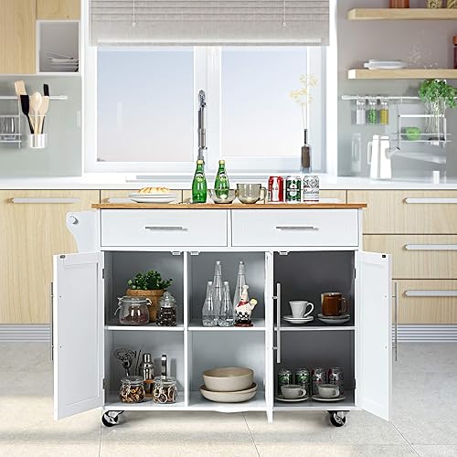 Miniatura 4 de GLACER Isla de cocina con ruedas, carrito de isla de cocina rodante con parte superior de madera de goma, mango lateral, cajones grandes, gabinete