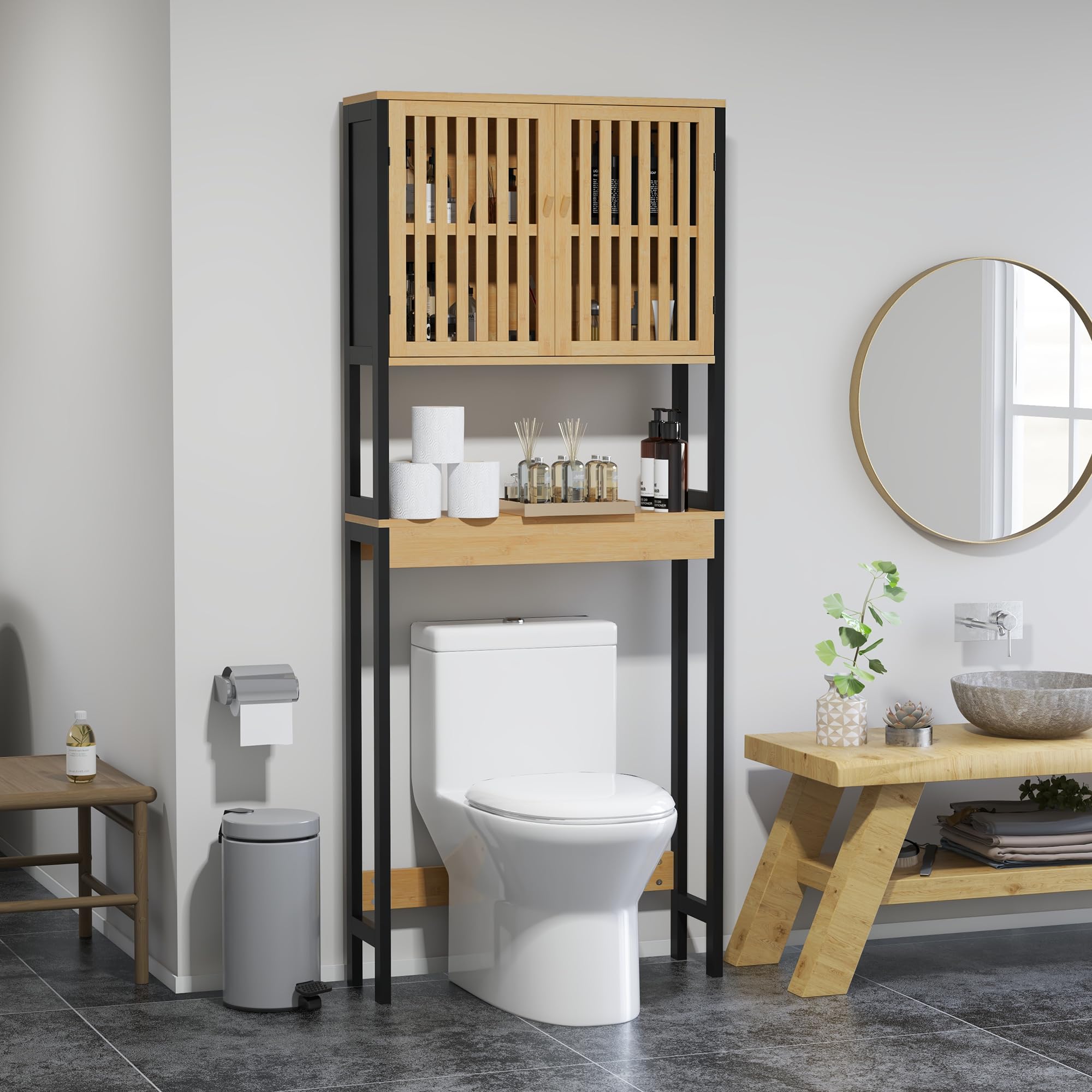 HOMCOM kleankin Regał łazienkowy szafka łazienkowa blat toalety z 2-drzwiową szafką i otwartą półką 60 l x 21,5 l x 172H cm Bambus - naturalne drewno i czarny