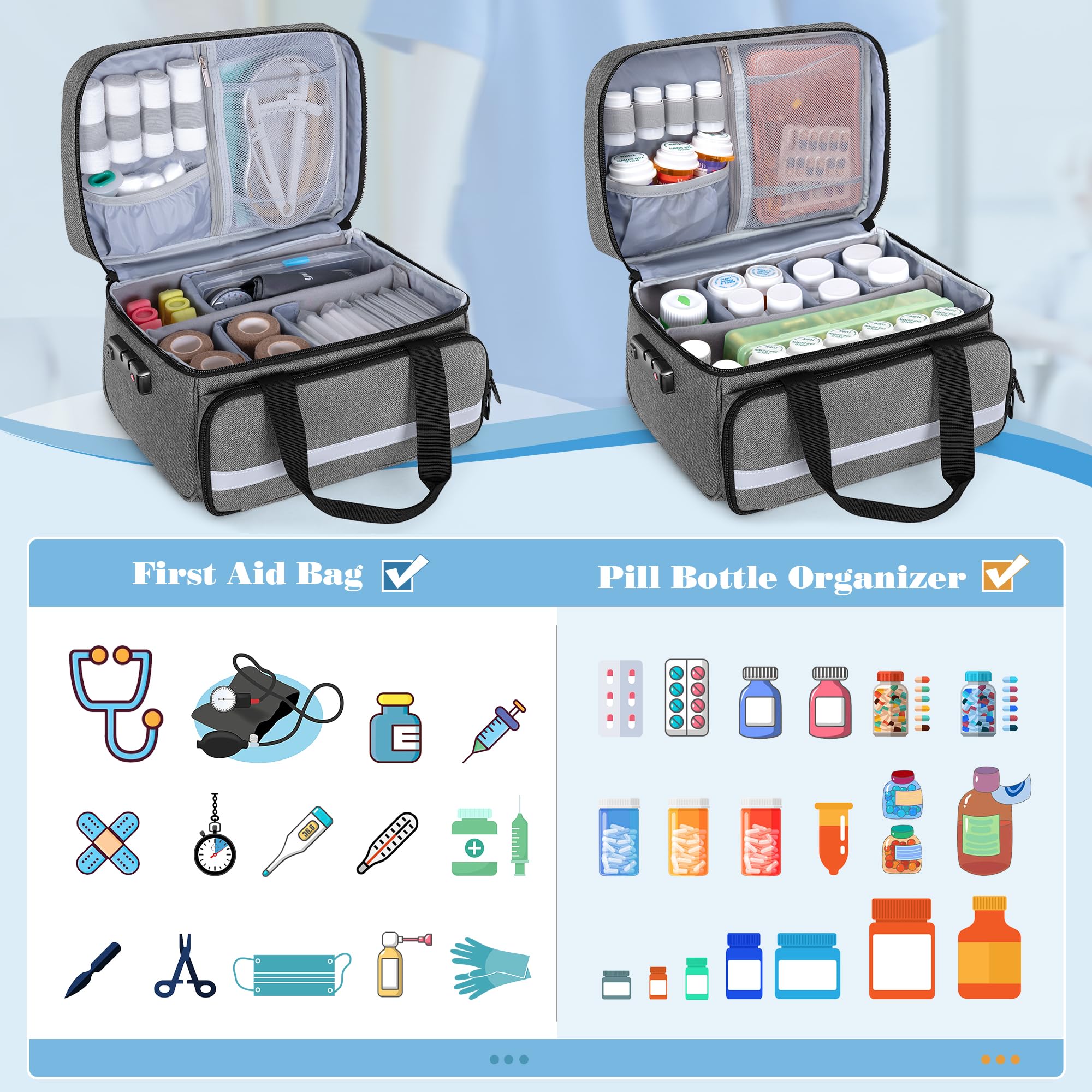 CURMIO Botiquin de Primeros Auxilios, Bolsa de Almacenamiento de Medicamentos con Cerradura, Bolsa Médica de Emergencia para el Viaje y Hogar, SÓLO Bolsa, Gris (Diseño Patentado)