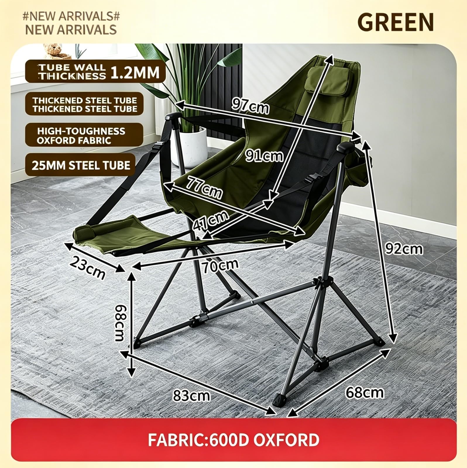 Campingstuhl Faltbar Klappstuhl bis 120 kg Stuhl Angelstuhl mit Rückenlehne Kopfstütze 600D Oxford Gewebe in Kombination Stahlrohrrahmen Gartenstuhl für Garten Balkon Wohnmobil,Grün,L