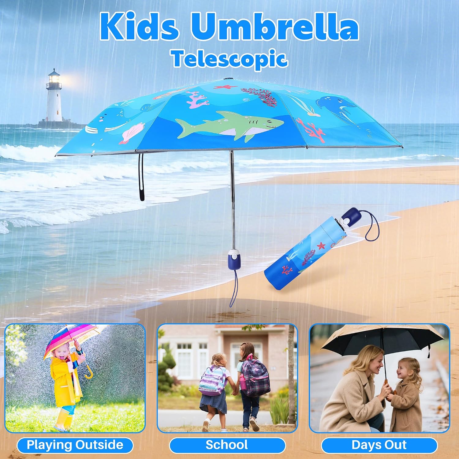 Kids Folding Umbrella for Girls & Boys, Telescopic Compact Travel Umbrella with Auto Open/Close button & Anti-UV & 360° Reflective Strip, Lightweight & Durable & Safe & Cute Umbrella for Toddler