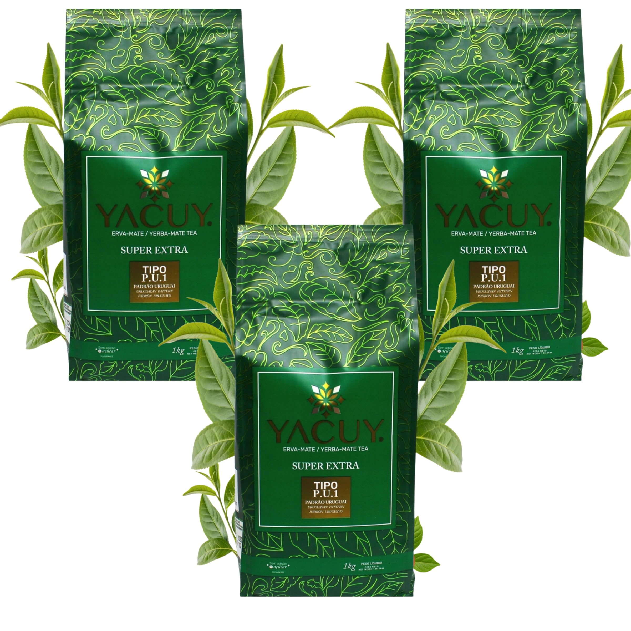 Yerba Mate Tee Set - Yerba Mate Yacuy TIPO P.U.1 3x1kg / 3kg / 3000g– Mate im uruguayischen Stil und Mateine mate-tee mit Guarana und Fruchtzusatz 50g - yerba loose leaf