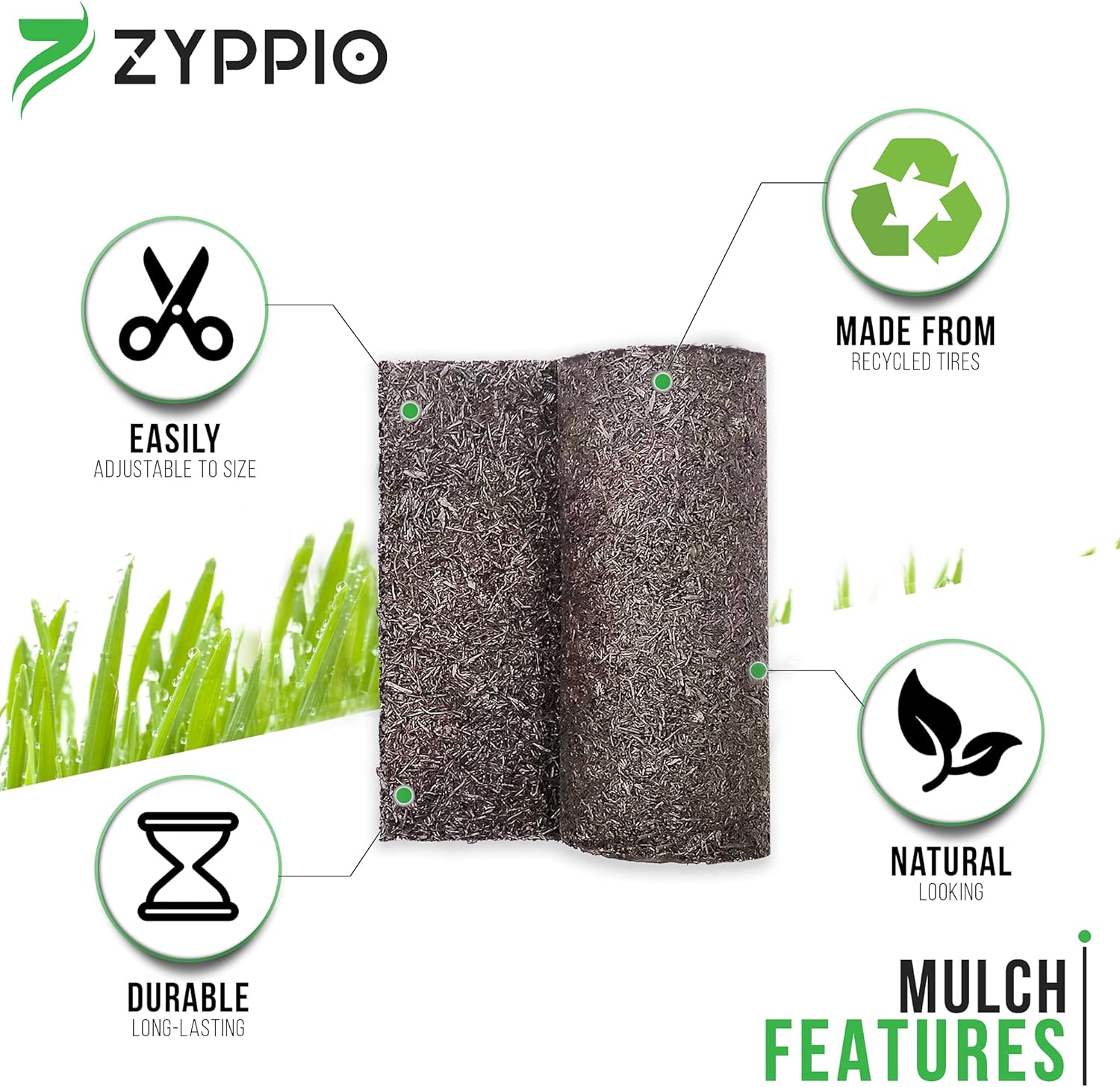 Black Rubber Mulch Border for Landscaping, 8' L x 2' W Roll, Natural-Looking Permanent Garden Barrier for Plants, Vegetables, and Flowers, Recycled and Sustainable, 16 Plastic Anchors Included