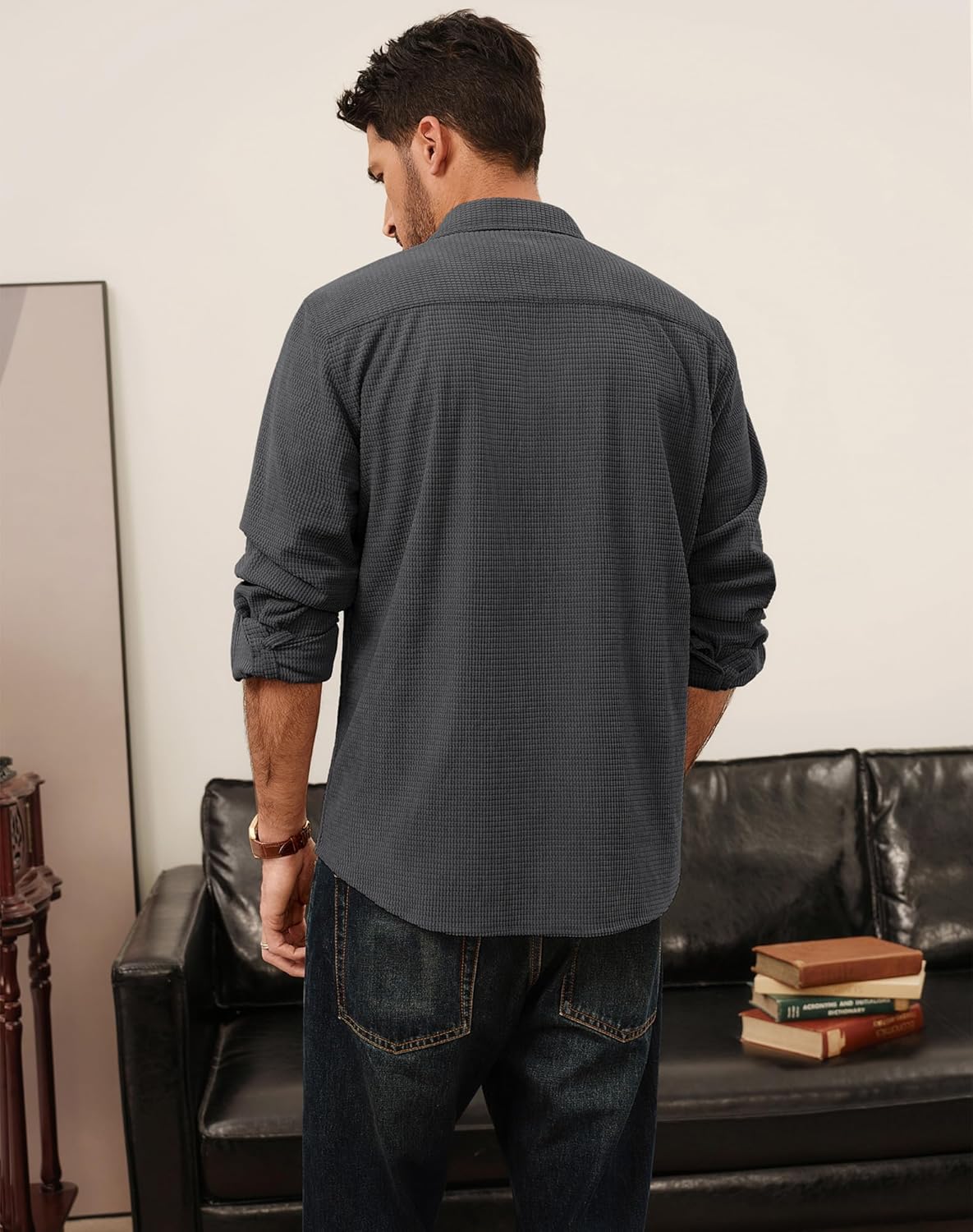 PJ PAUL JONES Men's Button Down Waffle Textured Shirt Casual Long Sleeve Wrinkle Free Untucked Shirts with Flap Pockets - Image 5