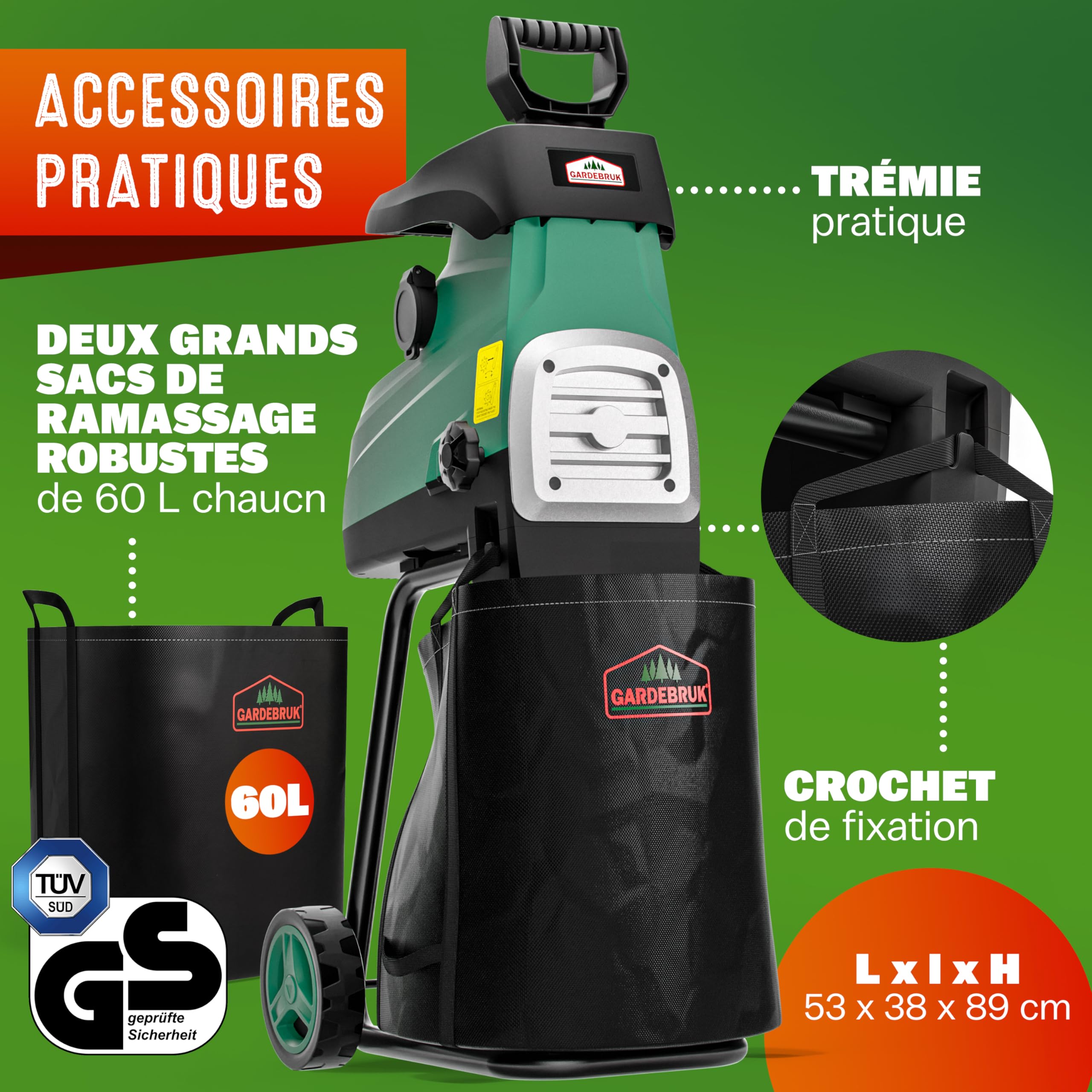GARDEBRUK® Broyeur de végétaux électrique 3.100W Max. 44mm Sac 2X 60L broyeur à Rotor broyeur végétaux Silencieux à Rouleau Jardin déchets Verts Compost