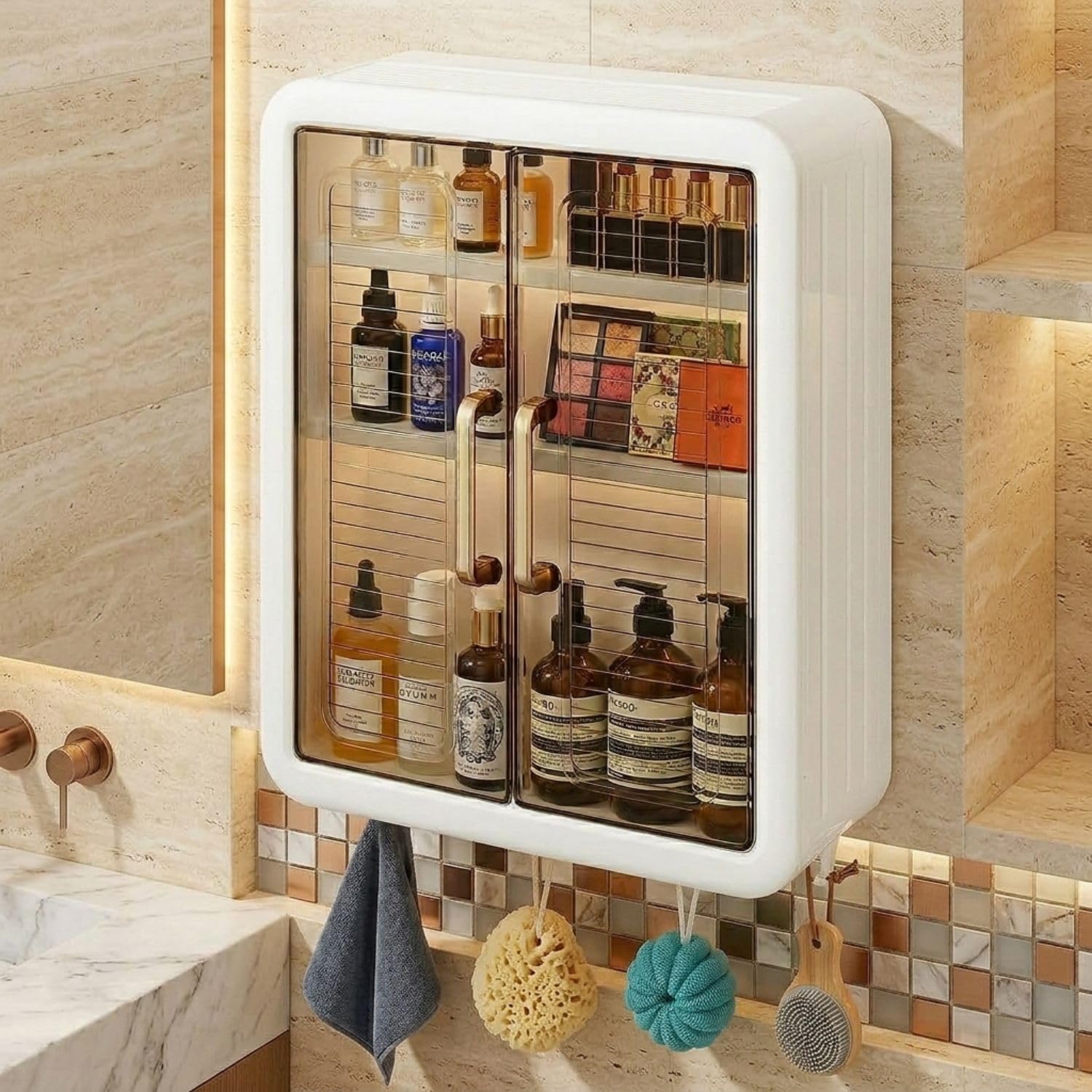 Wall Mounted Bathroom Organiser, Self Adhesive Storage Cabinet with Doors and Shelves Rack for Kitchen Home Multipurpose Organizer, Aliensware Aliens Organiser for Makeup, Skincare, Essentials-White-image-31