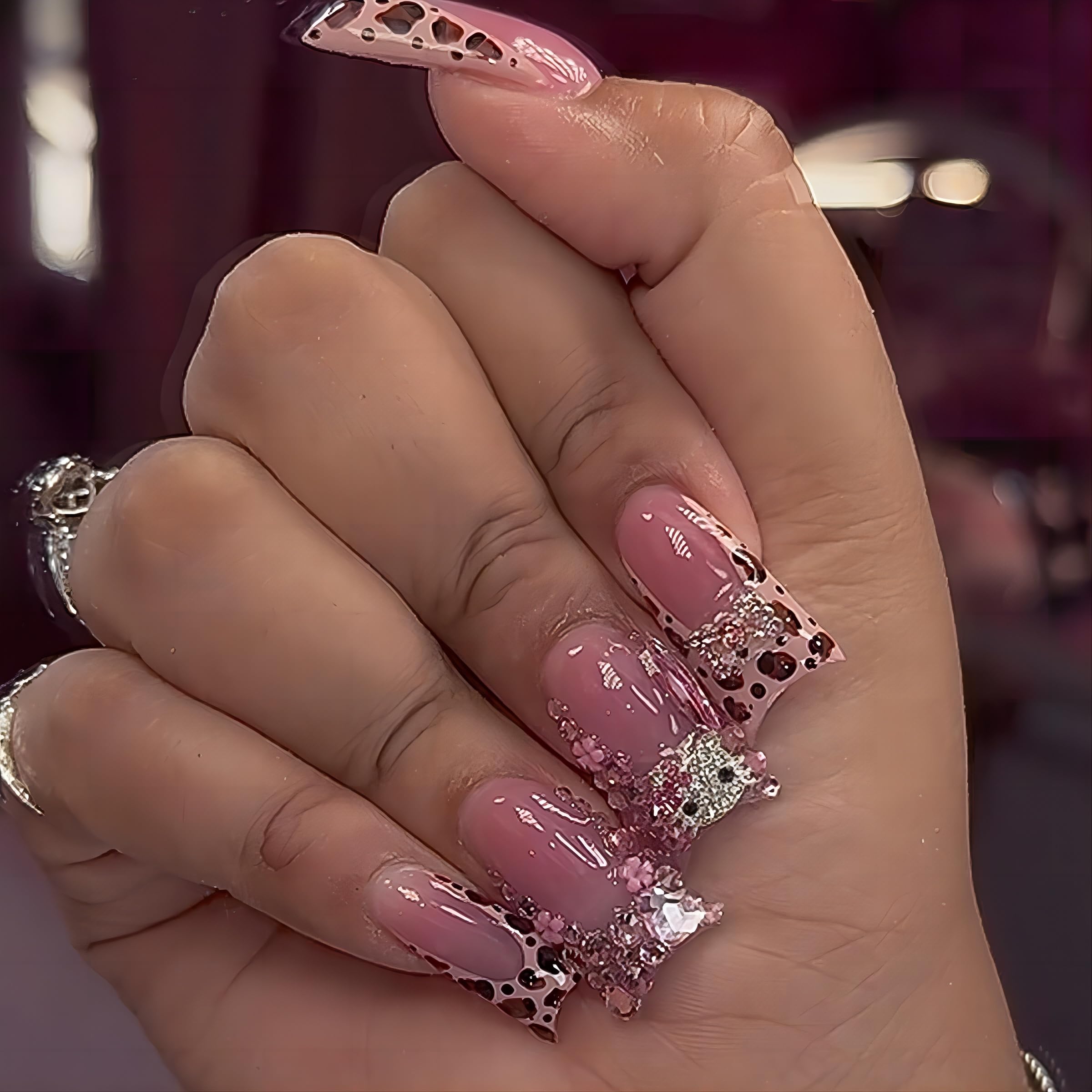 Press on Nails for Women, French Nails Press Ons Long Square Fake Nails Pink Glue on Nails with Design Acrylic Nails Rhinestones Uñas Acrílicas Nails