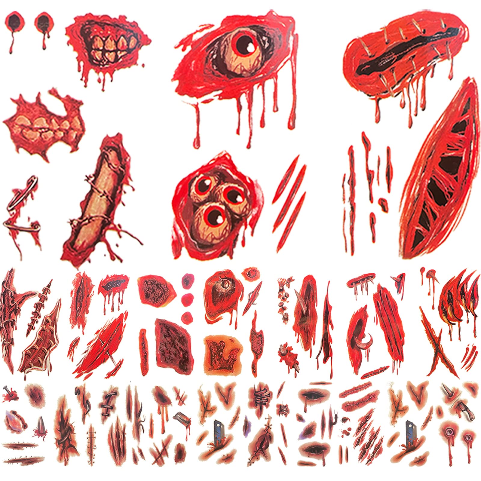 Photo 1 of REFFU 20 Sheets Temporary Tattoos Halloween Waterproof Sticker Masquerade Makeup Props Fake Tattoos and 2 Pairs luminous Vampire Fangs , Halloween Party Fangs Werewolf Cosplay, Halloween Vampire Dentures Props Horror Party for Themed Party, Cosplay, Carni