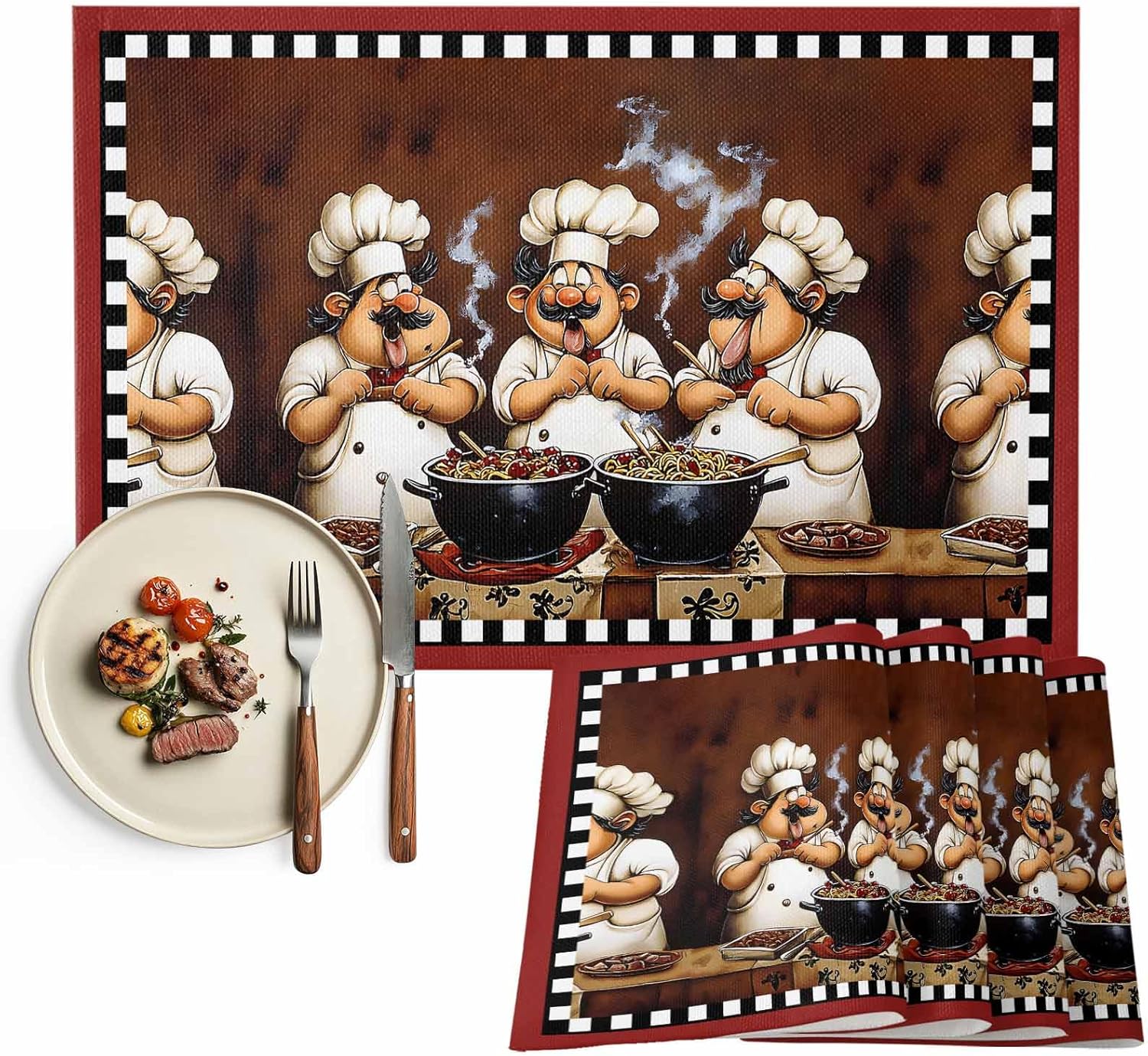 Funny Chefs Placemats Set of 6, Cooking Scene Non-Skid Place Mats, Holiday Table Mats, Washable Stain-Resistance Tablemats for Party/Dining Room/Kitchen Decorations