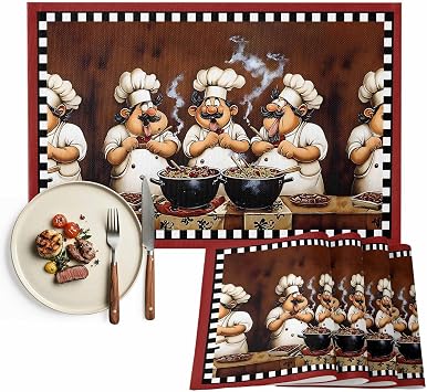 Funny Chefs Placemats Set of 4, Cooking Scene Non-Skid Place Mats, Holiday Table Mats, Washable Stain-Resistance Tablemats for Party/Dining Room/Kitchen Decorations