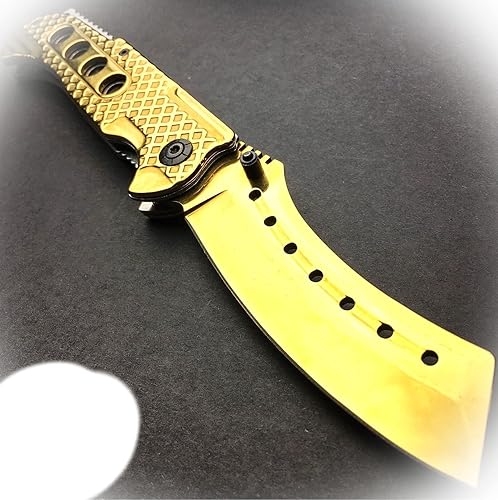 Navaja de bolsillo plegable de 9 pulgadas, táctica con resorte asistido y apertura con resorte dorado CLEAVER para acampar al aire libre, cuchillo