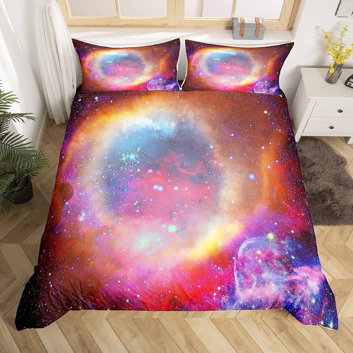 Loussiesd Ultra Soft 3 Piece Luxury 3D Galaxy Bedding Set Outer Space Theme Comforter Cover for Boys Girls Teen Nebula Universe Red Purple Duvet Cover Starry Sky Interstellar Bed Cover Double — image 1