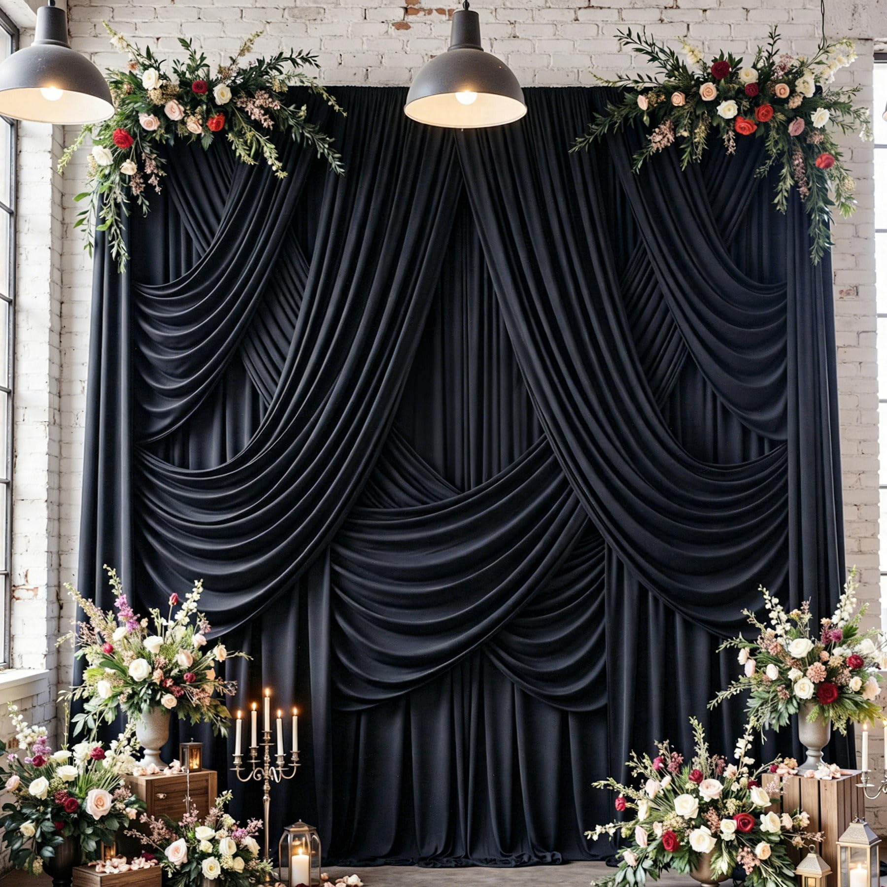 10 Panels 5x12ft Wrinkle Free Black Backdrop Curtains for Parties, Polyester Photo Backdrop Drapes 12 ft Long Back Drop Cloth for Wedding Birthday