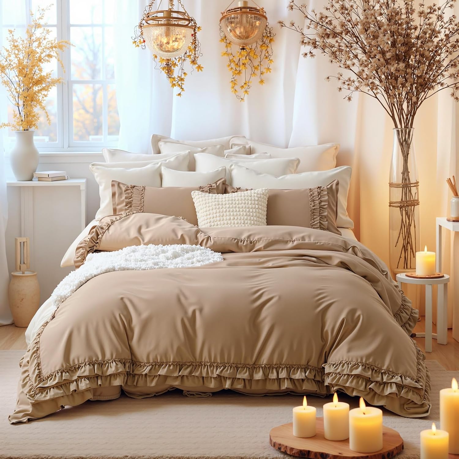 Merryword Taupe Ruffled Duvet Cover Set Queen, 100% Cotton Cute Lace Bedding Set Shabby Chic Farmhouse French Country Comforter Cover - Image 2