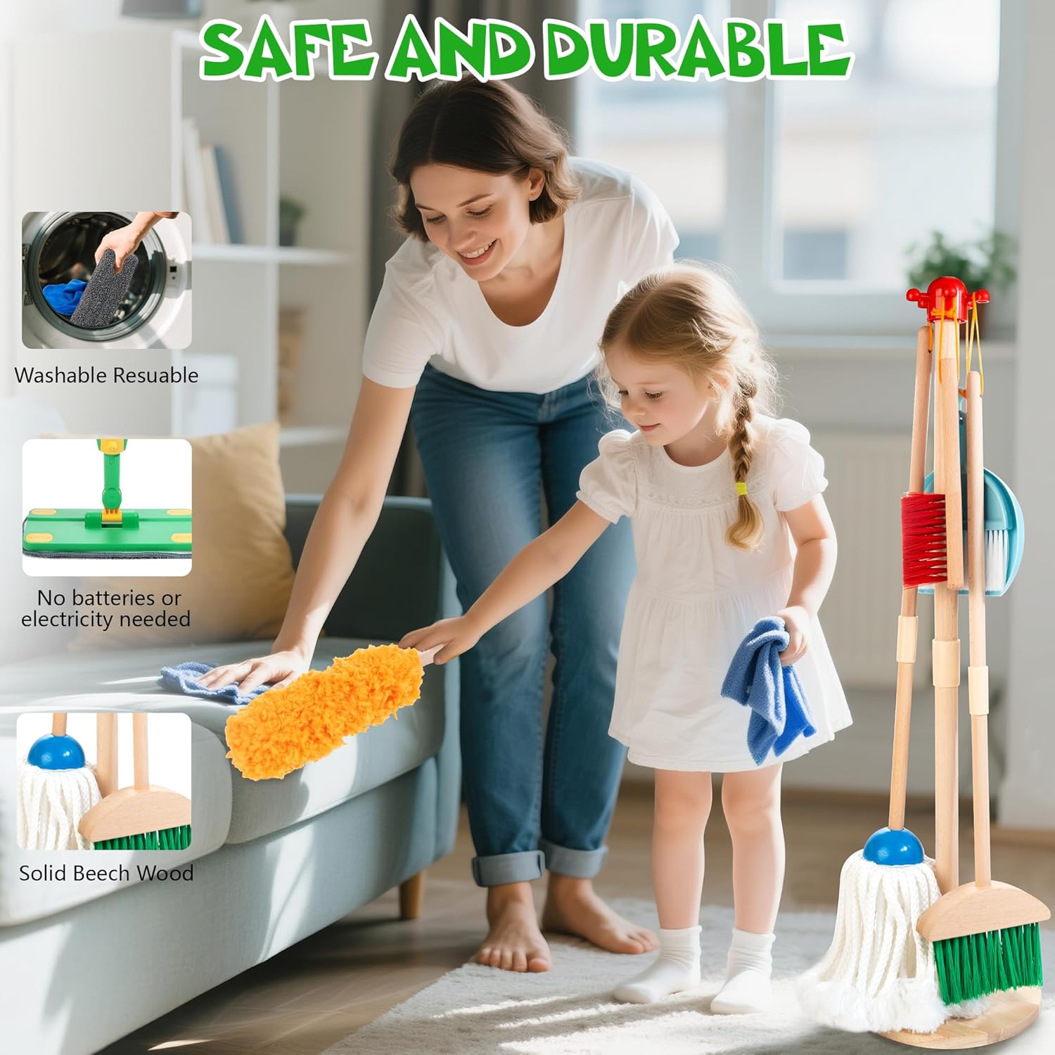 Wooden Kids Cleaning Set with Spray Mop, Montessori Cleaning Toys Real Water Sprayer and Toddler Broom Mop Set, Housework Pretend Play Toy Gift for Boys Girls Ages 3+