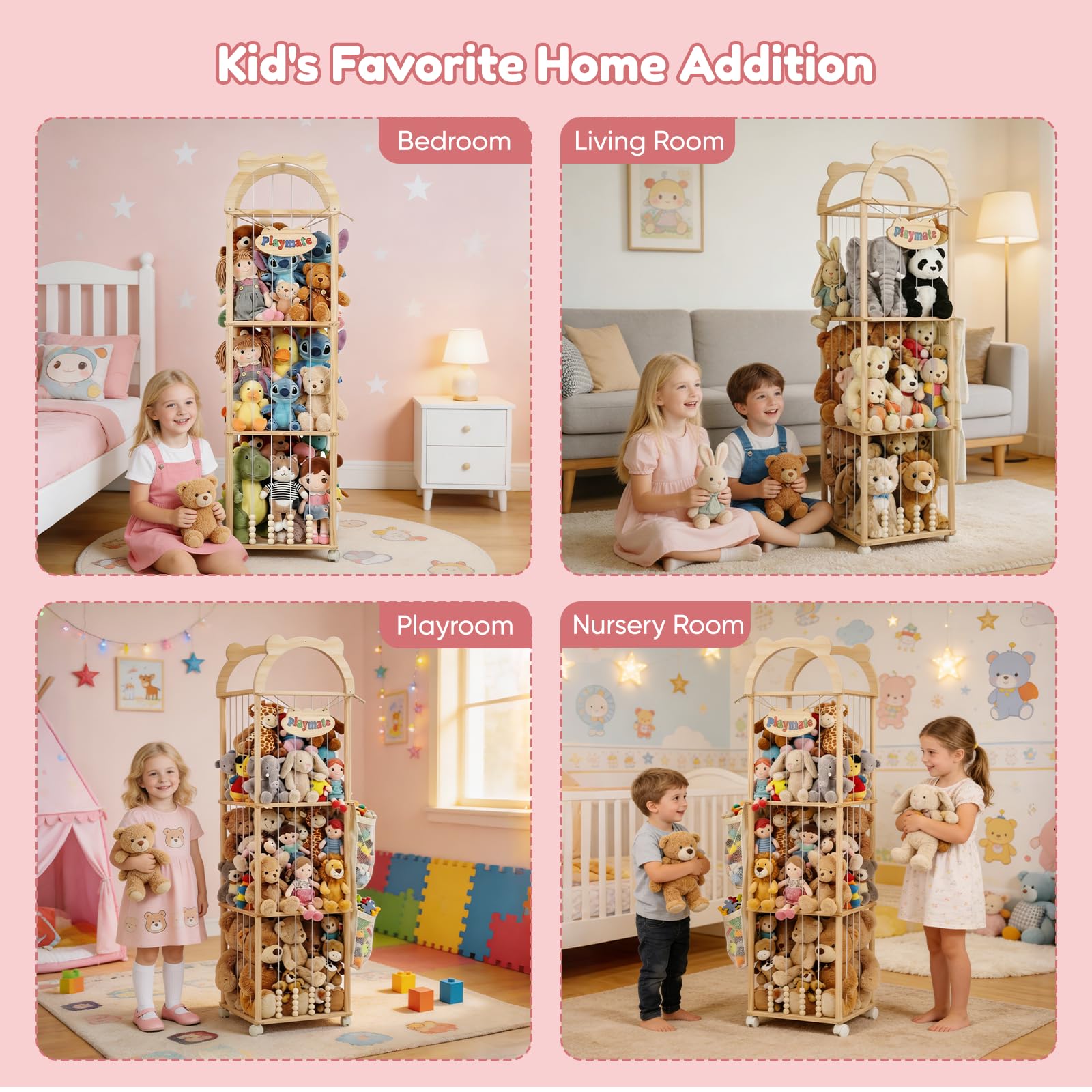 Contenitore per Peluche, 151x46x46CM Organizer per Peluchecon Ruote Girevoli a 360°, Porta Peluche per Cameretta dei Bambini, Soggiorno, Mobili per la Cameretta dei Bambini (Modello a Cupola)