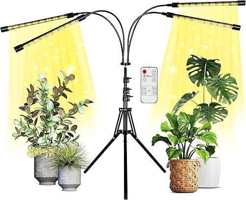 iPower Cultivar plantas de interior, espectro rojo amarillo de 4 cabezas, 3 modos de luz y 10 niveles regulables con control remoto y función de