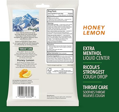 Miniatura 4 de Ricola Max Honey Lemon & Swiss Cherry - Bolsas grandes para el cuidado de la garganta con centro líquido, 34 unidades (paquete de 2)