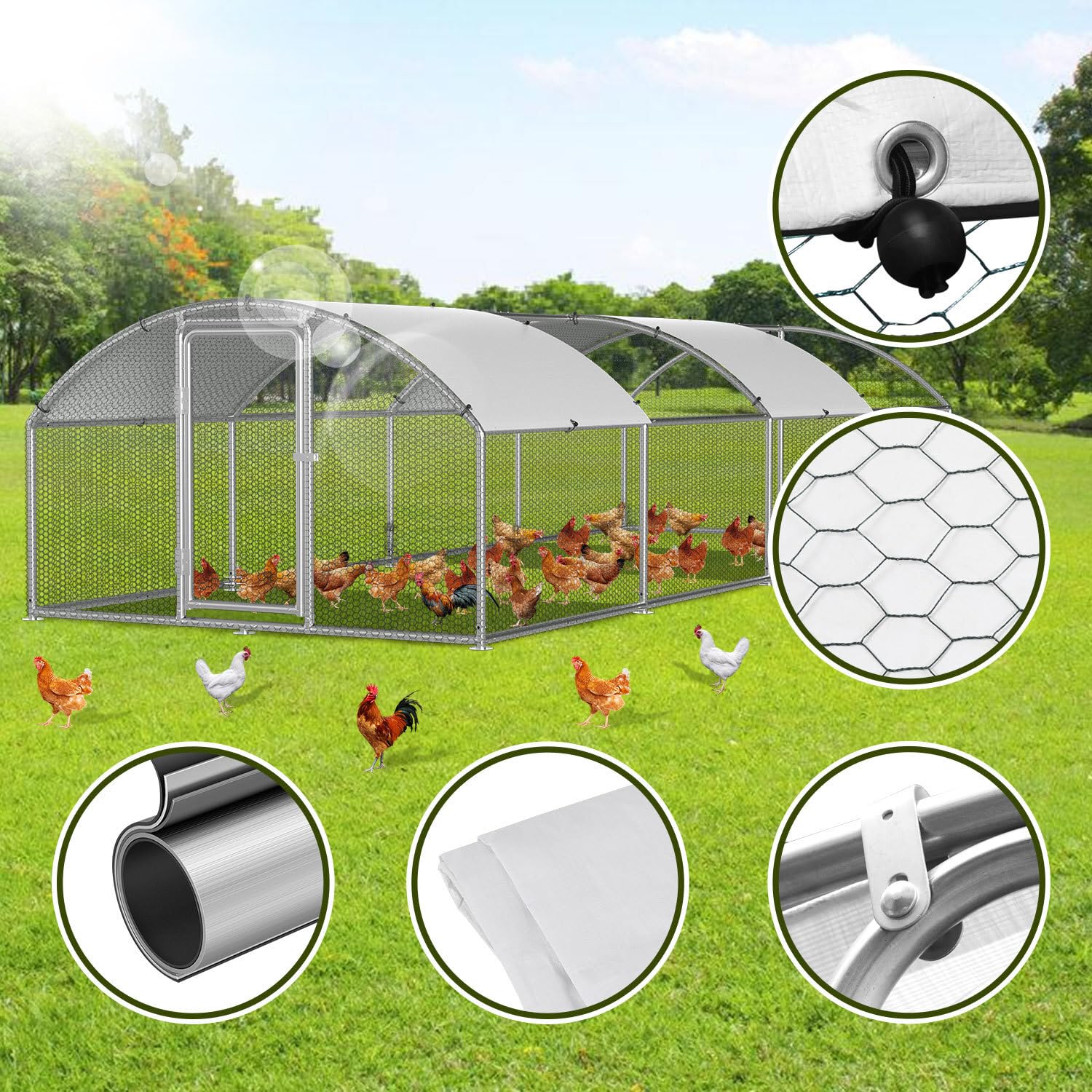 Gallinero de 3 x 8 x 2 m, recinto para gallinas, gallinas, acero galvanizado, para gallinas, caseta de conejo, cúpula, tejado, ganso, palomas y codornices, recinto de metal con red
