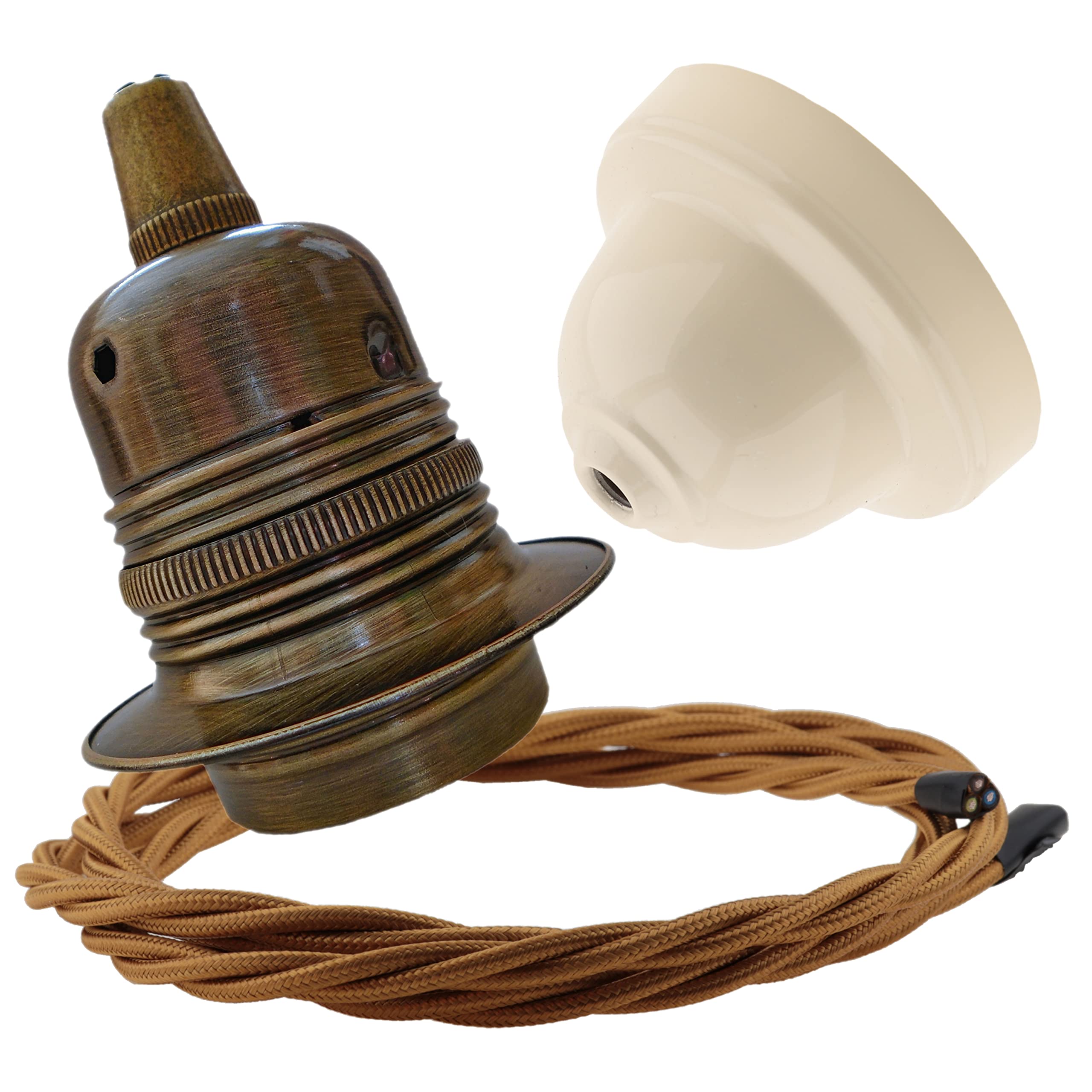 Repaireum Ltd. Pendant Kit with Ivory Bakelite Ceiling Cup E27 Antique Brass Lampholder and Antique Gold Flex