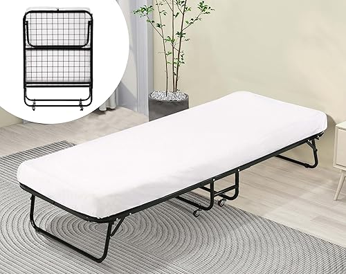 Base de cama plegable individual con ruedas giratorias, cama plegable portátil para adultos, marco de cama de metal con colchón de espuma