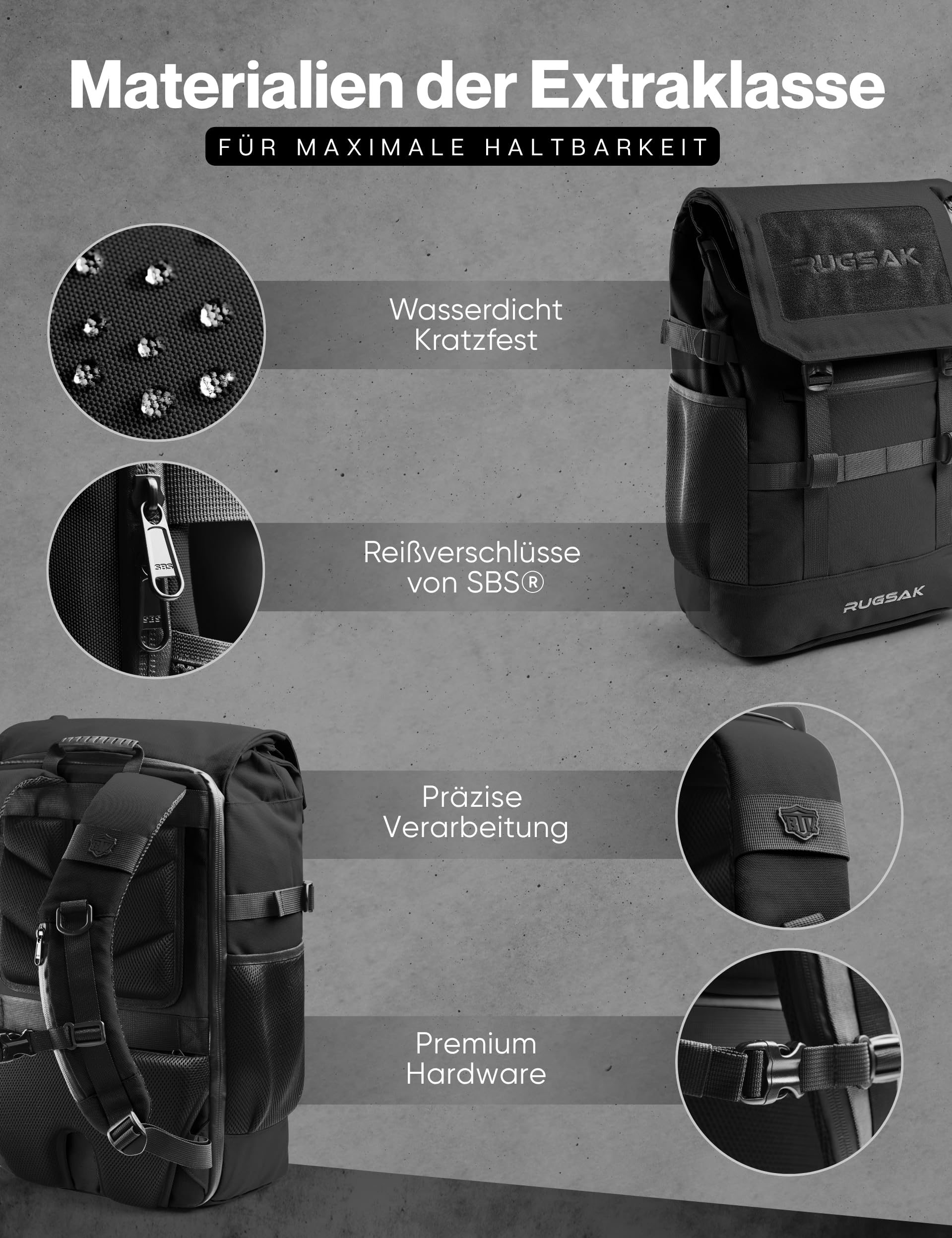 RUGSAK® Original Mochila enrollable de 30 l, tecnología de 3 tamaños, con compartimento Lapotpfach de 18 pulgadas, resistente al agua, para trabajo, escuela, viajes y deportes, para hombre y mujer –